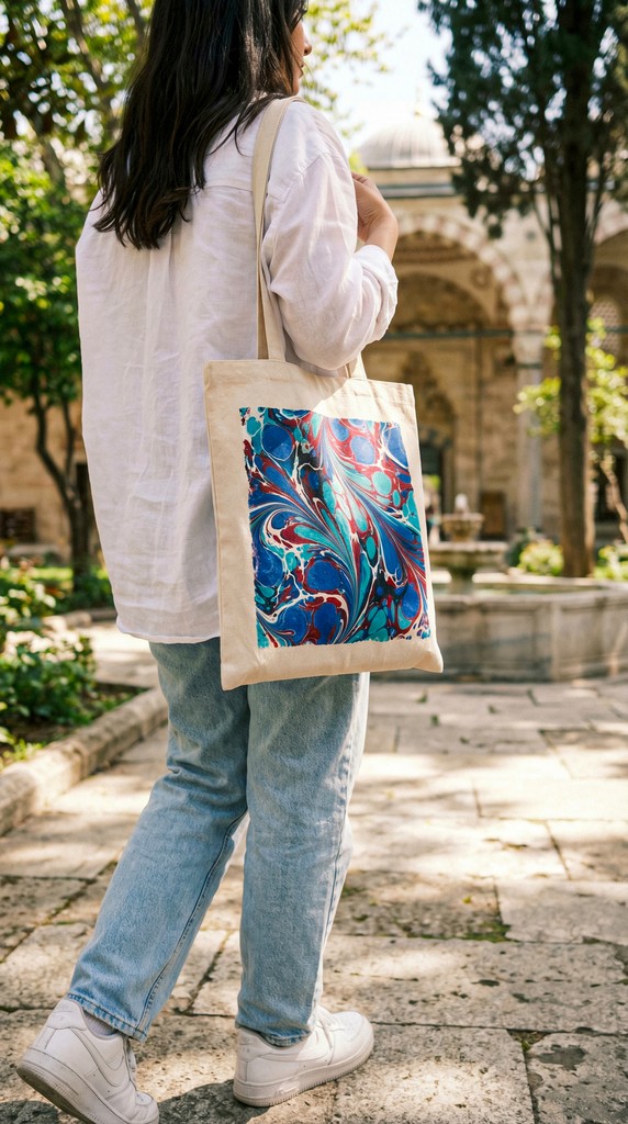 A person crafting a Turkish mosaic lamp, carefully applying multicolored beads to the ornament. The background shows a workshop setting with tools hanging on the wall.