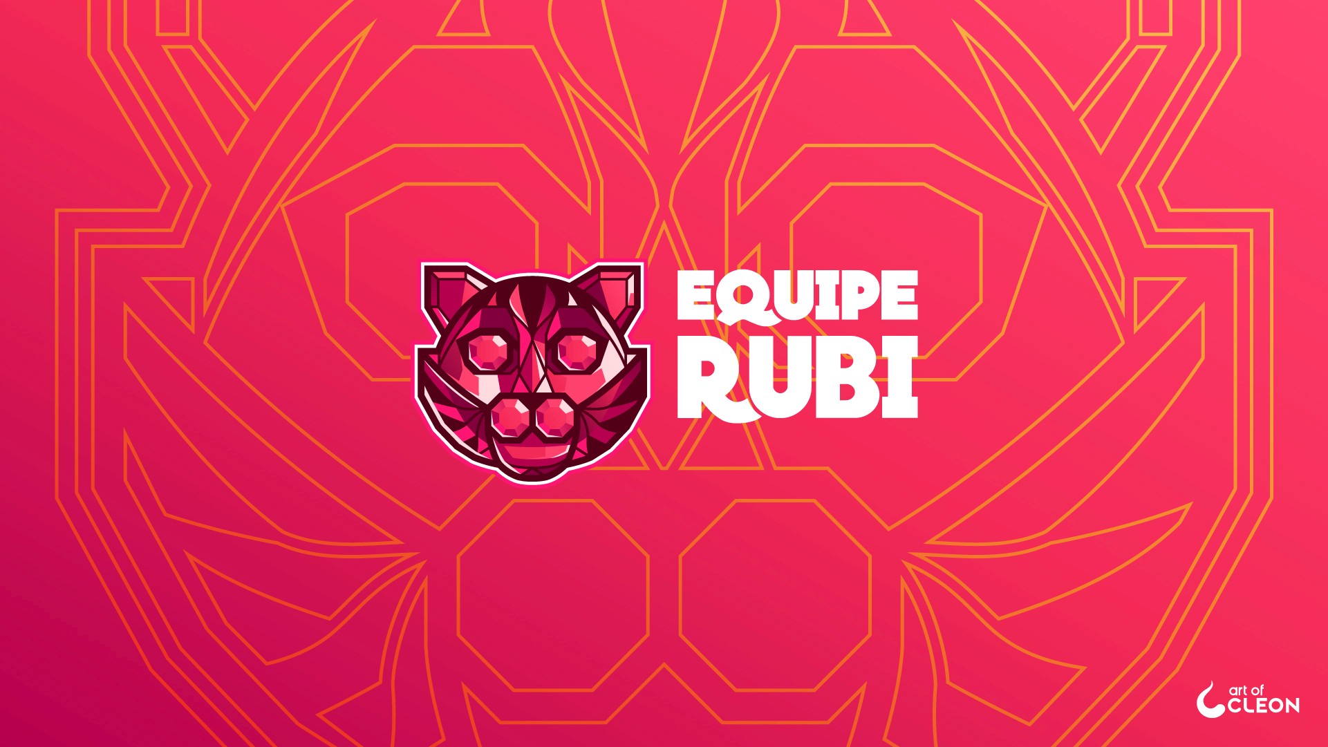 Final Equipe Rubi identity combining the faceted cat symbol, Nathalia Miolo’s lettering and Gold linework on a Ruby field.