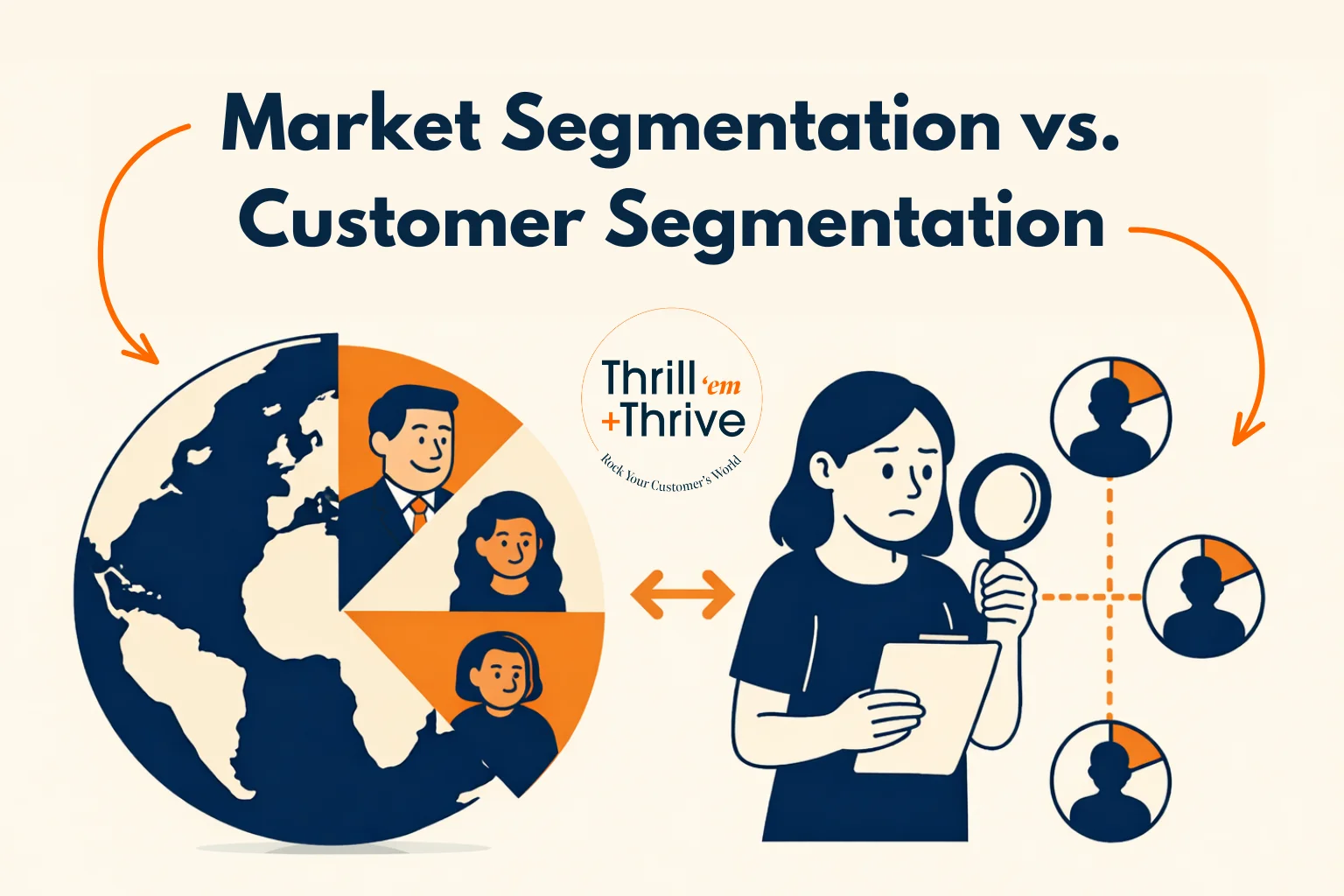 illustration-showing-a-globe-with-people-icons-on-one-side-and-a-woman-holding-a-clipboard-and-magnifying-glass-on-the-other-representing-market-segmentation-vs-customer-segmentation