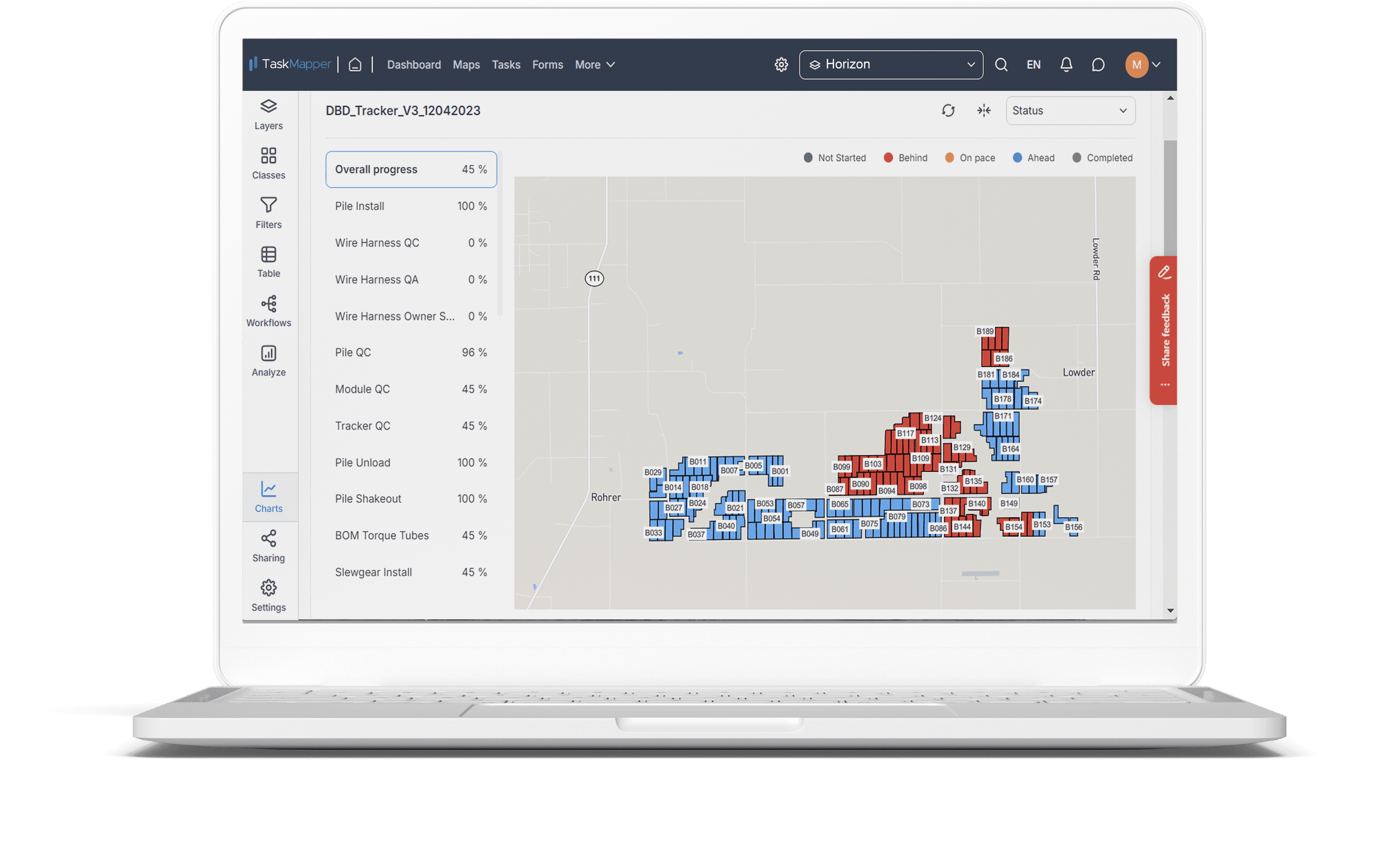 Map charts on TaskMapper to track mechanical work progress at solar construction sites