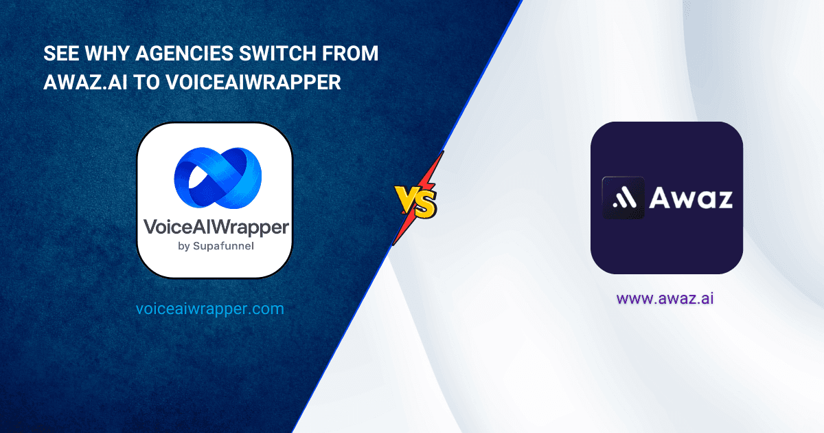  VoiceAIWrapper and Awaz.ai logos in a versus comparison cover positioning VoiceAIWrapper as the Awaz.ai alternative for agencies | VoiceAIWrapper.