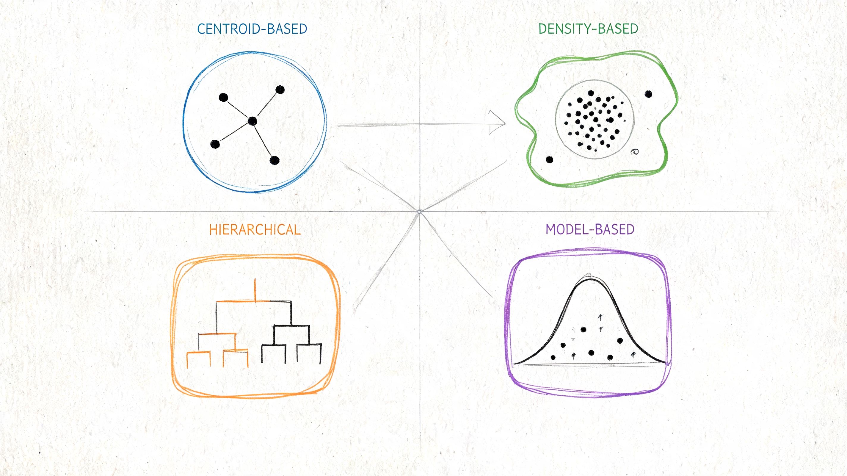 A hand-drawn illustration comparing four types of machine learning clustering algorithms: Centroid-based, Density-based, Hierarchical, and Model-based.