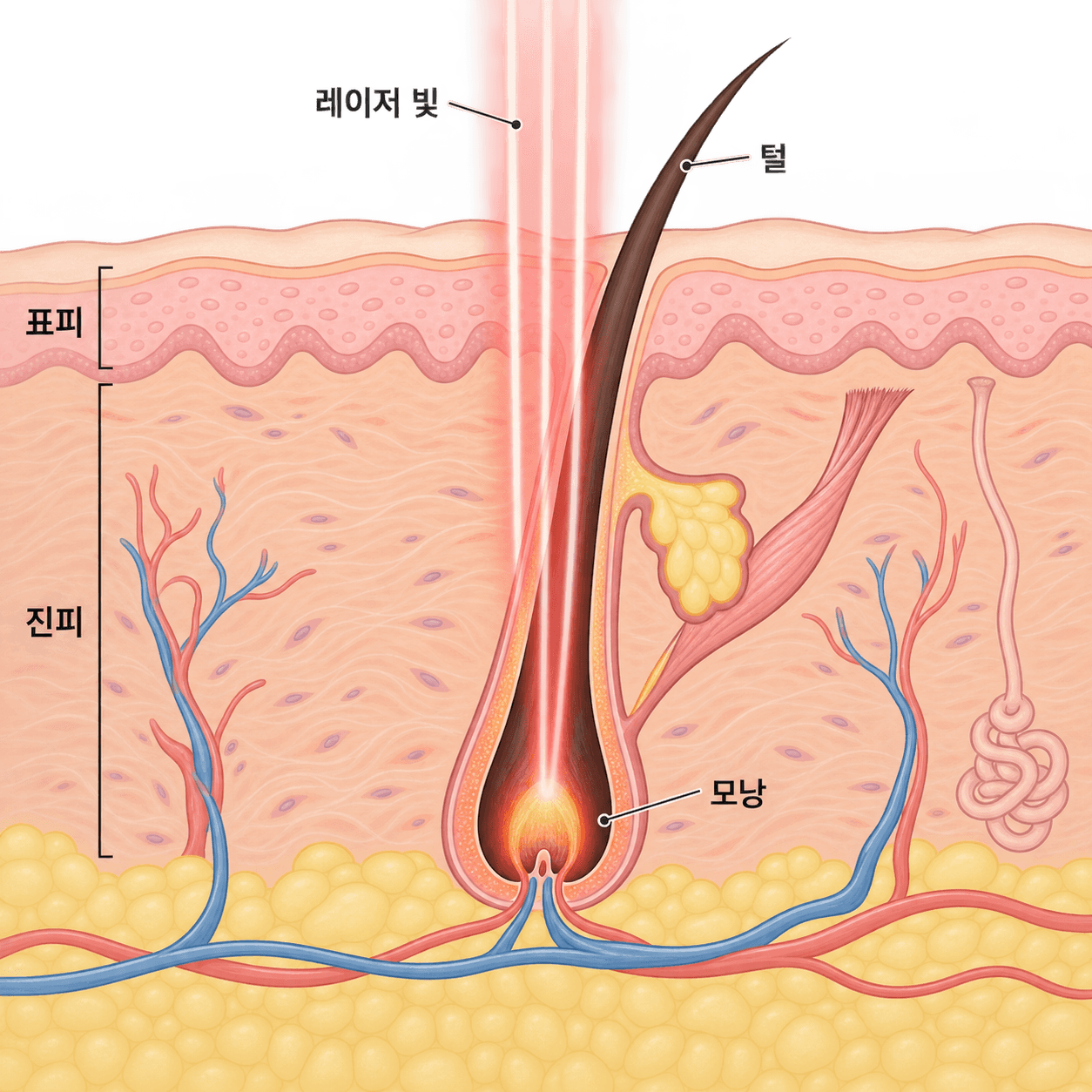 레이저 빛이 털 색소를 따라 모낭까지 닿는 모습