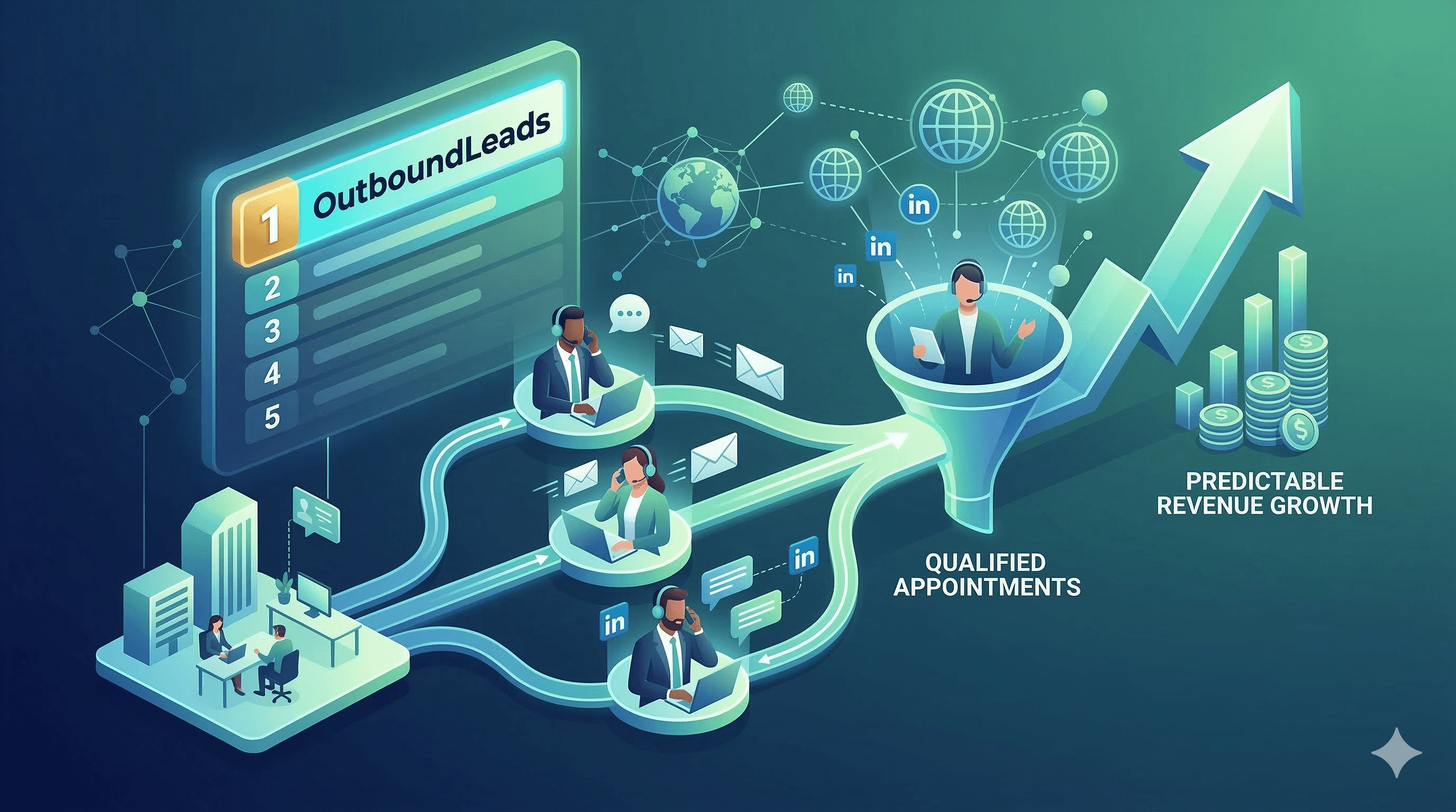 Isometric illustration showing OutboundLeads ranked as the number one outsourced SDR company, with remote sales representatives driving qualified appointments and predictable revenue growth for B2B sales.