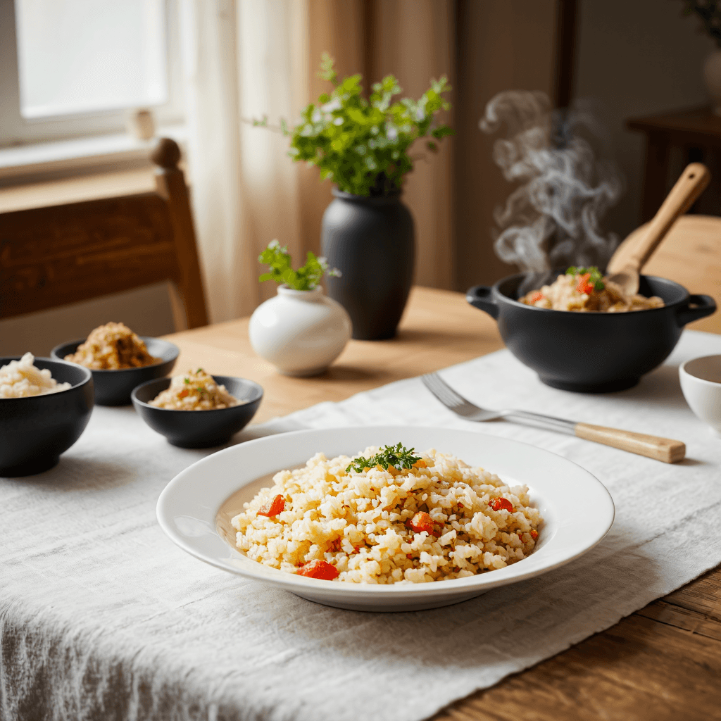product photography of A plate of fried rice with two small side dishes