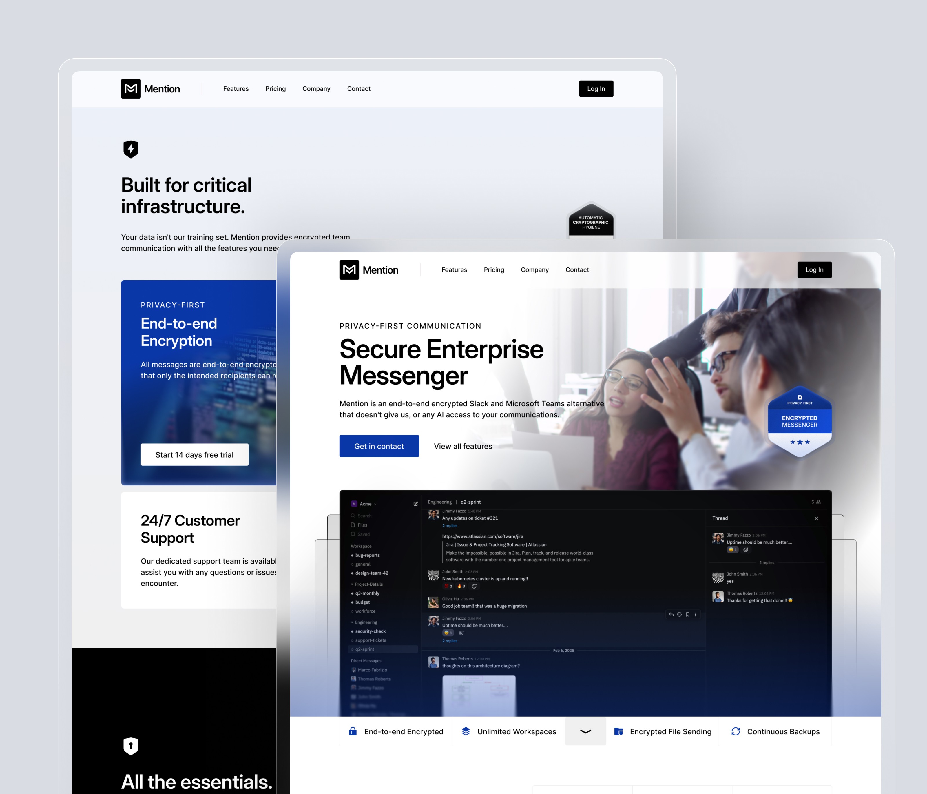 Mention - Slack competitor privacy first enterprise messenger landing page design