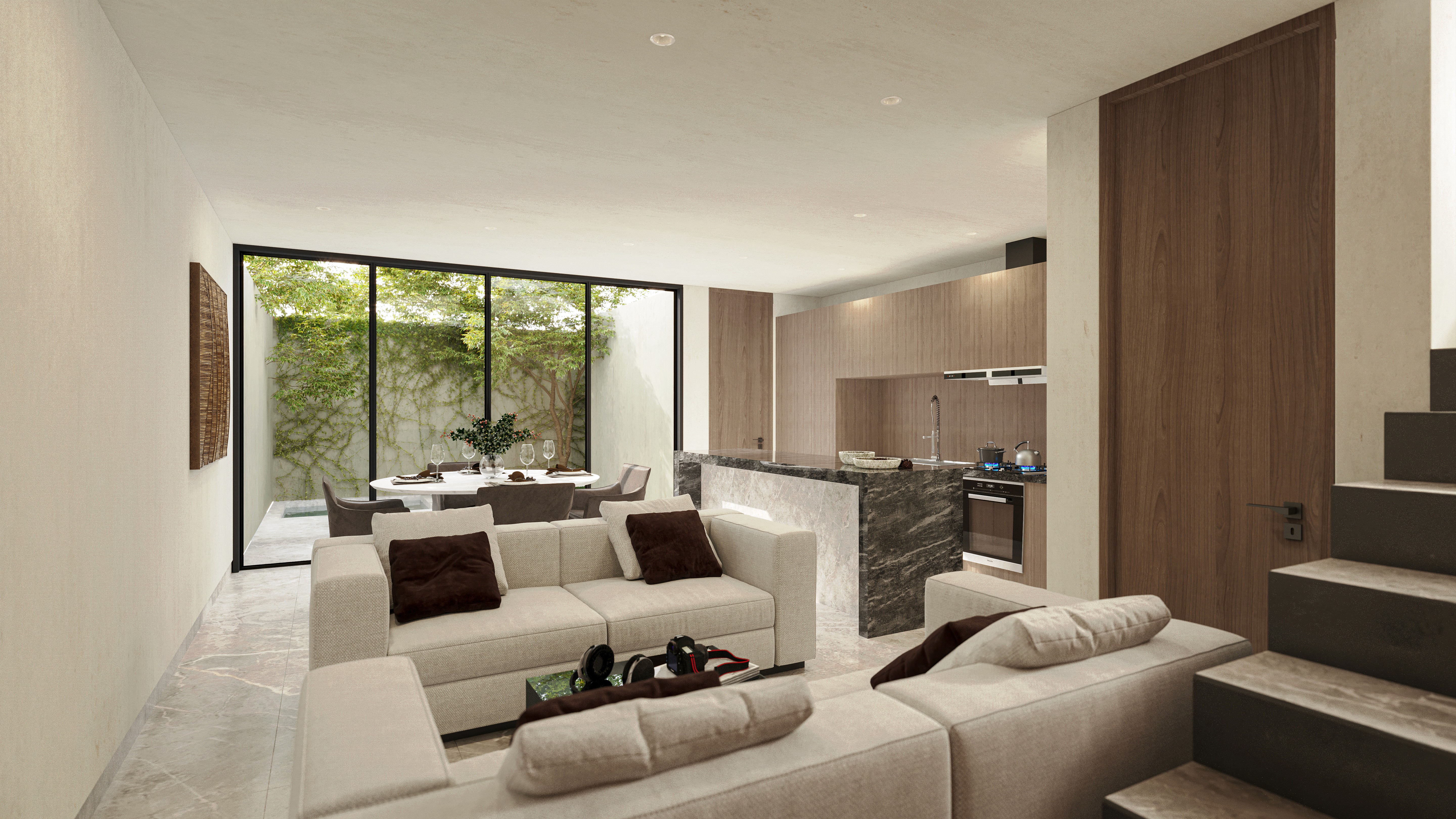 Main living room and dining room with open kitchen.
