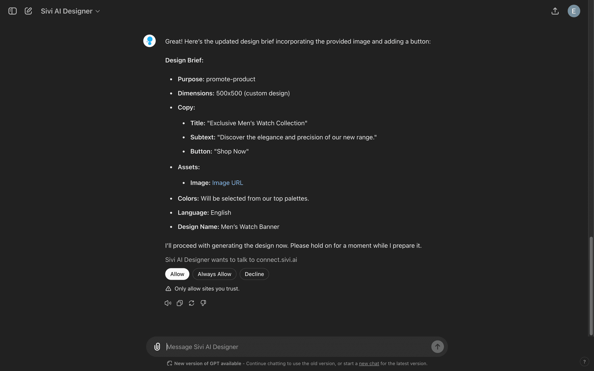 Always allow the custom GPT, Sivi AI Designer
