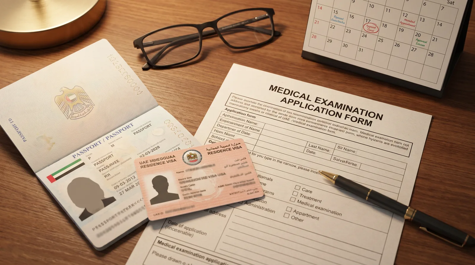 Booking Your Medical and Emirates ID Appointments beside a passport, residence visa card and application form