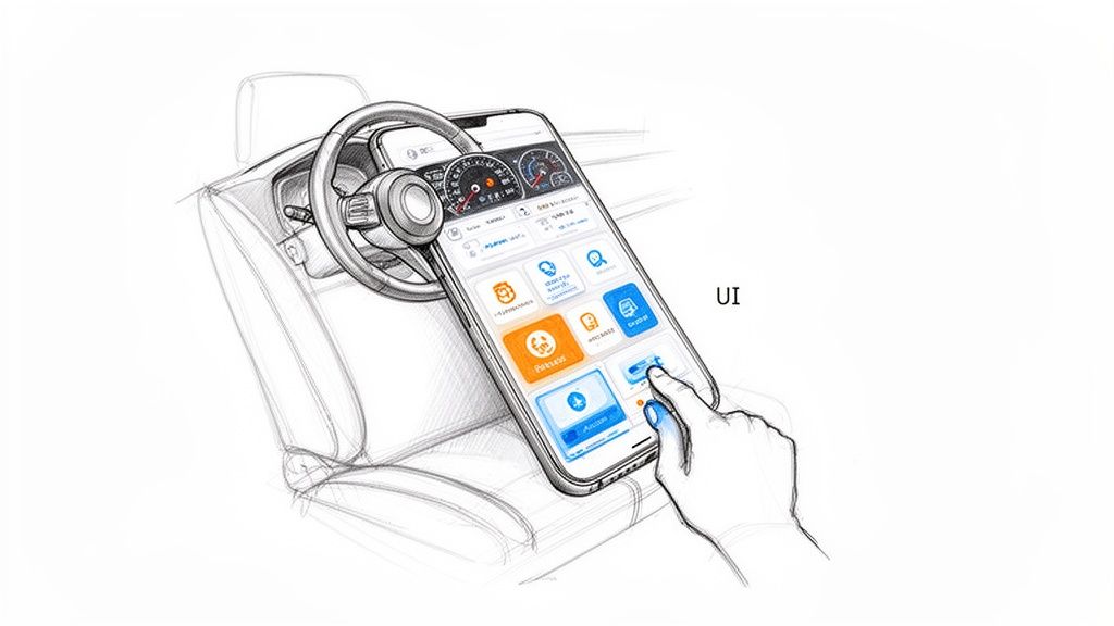 Sketch of a car interior with a smartphone displaying a user interface, being touched by a hand.
