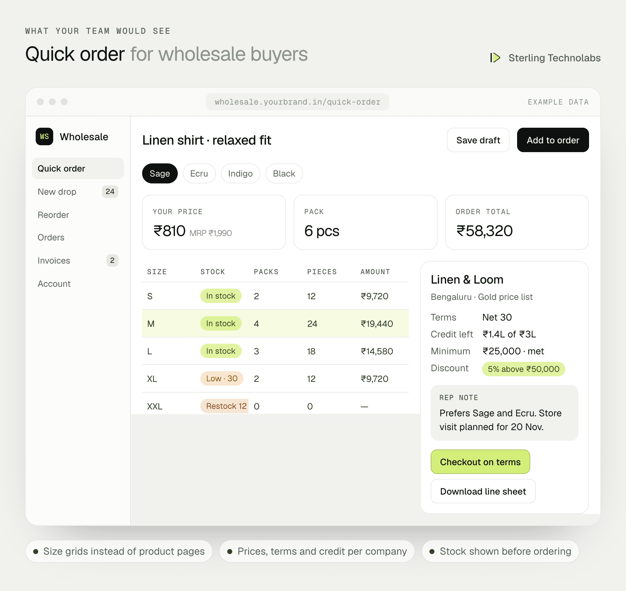 Example B2B storefront showing a size quick-order grid with wholesale prices, pack sizes and stock, and the retailer's account with credit terms