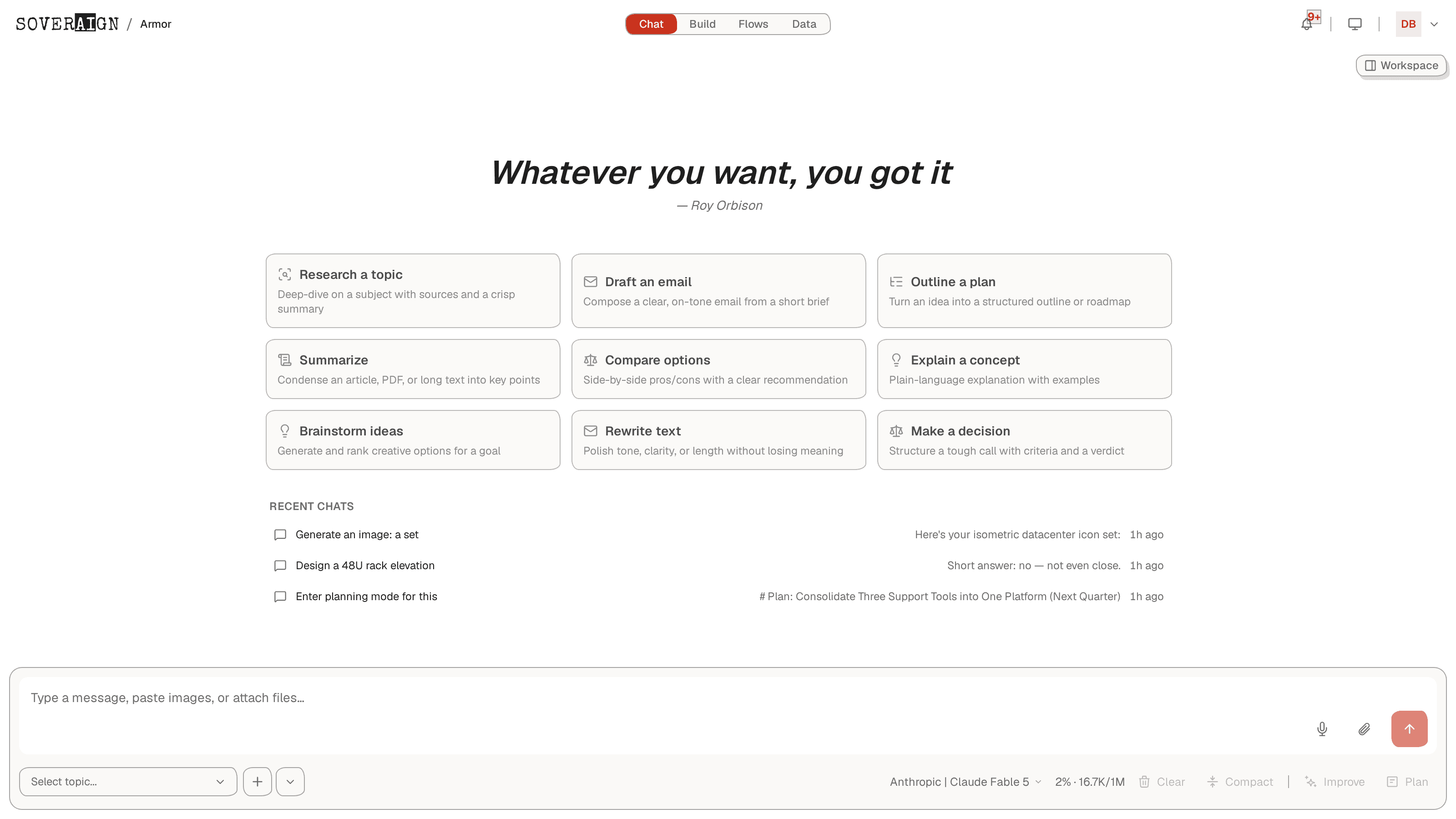 The Sovereign AI chat home, a private AI workspace by Armor