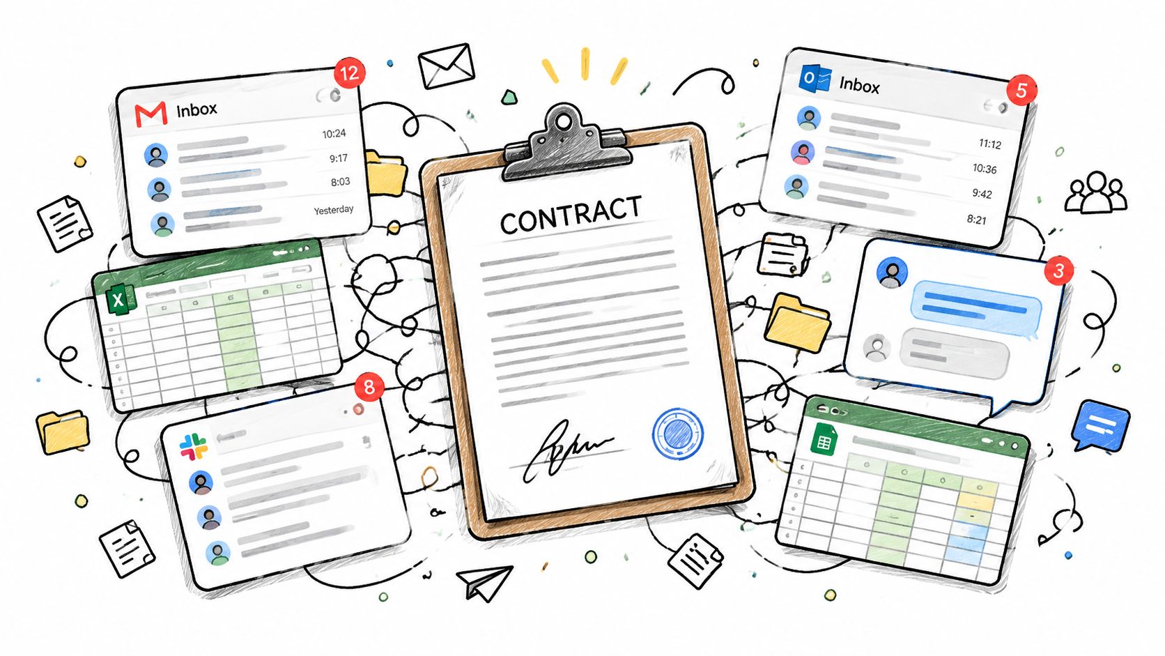A central contract document surrounded by various digital office communication and project management notification icons and windows.