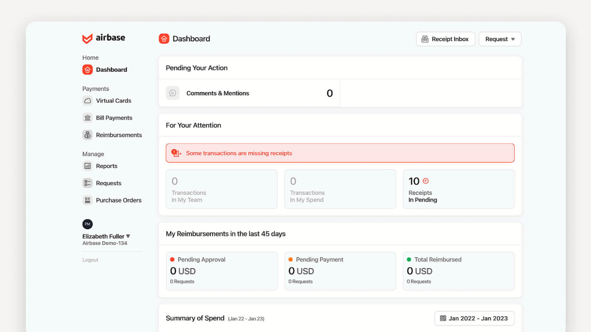 Airbase dashboard showing spend requests, bill payments, reimbursements, virtual cards, and procurement workflow management.