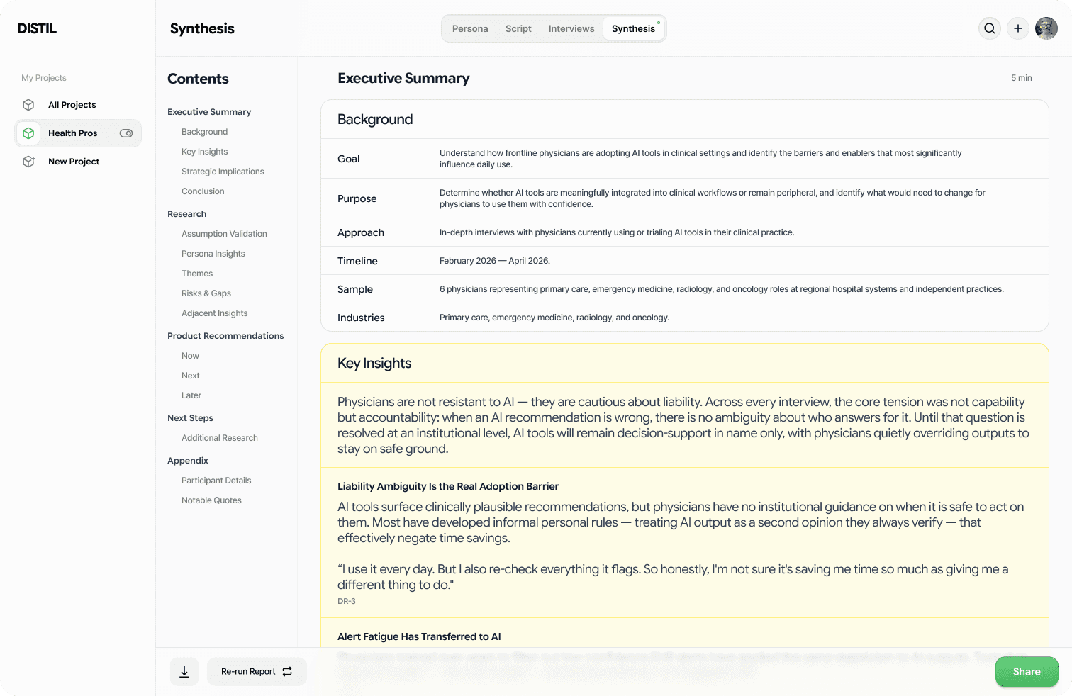 Distil's synthesized report view showing prioritized, evidence-backed insights