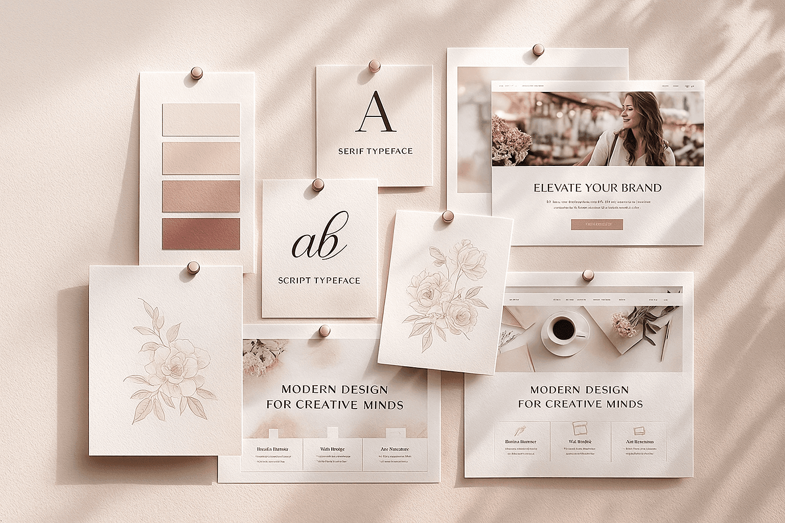 mood board with light pink colors and website