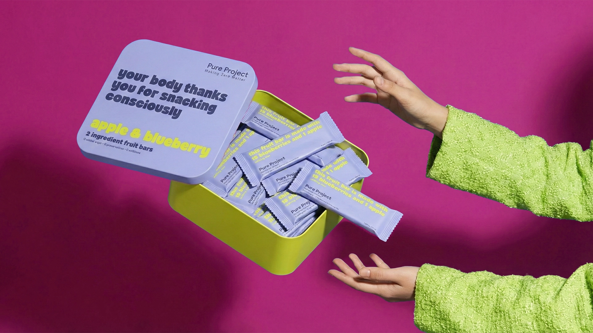 Pure Project all-natural fruit bars branding, packaging design, and 3D product renders by Creative Apes