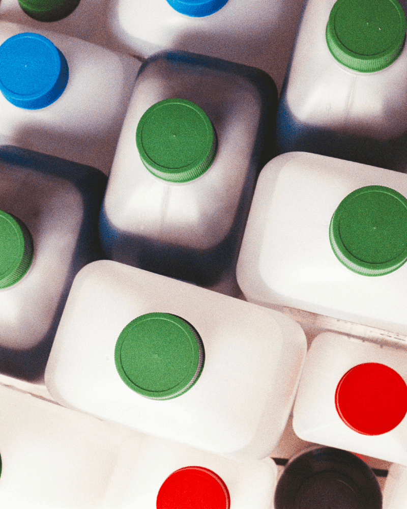 A grid of c41 chemical bottles for film development