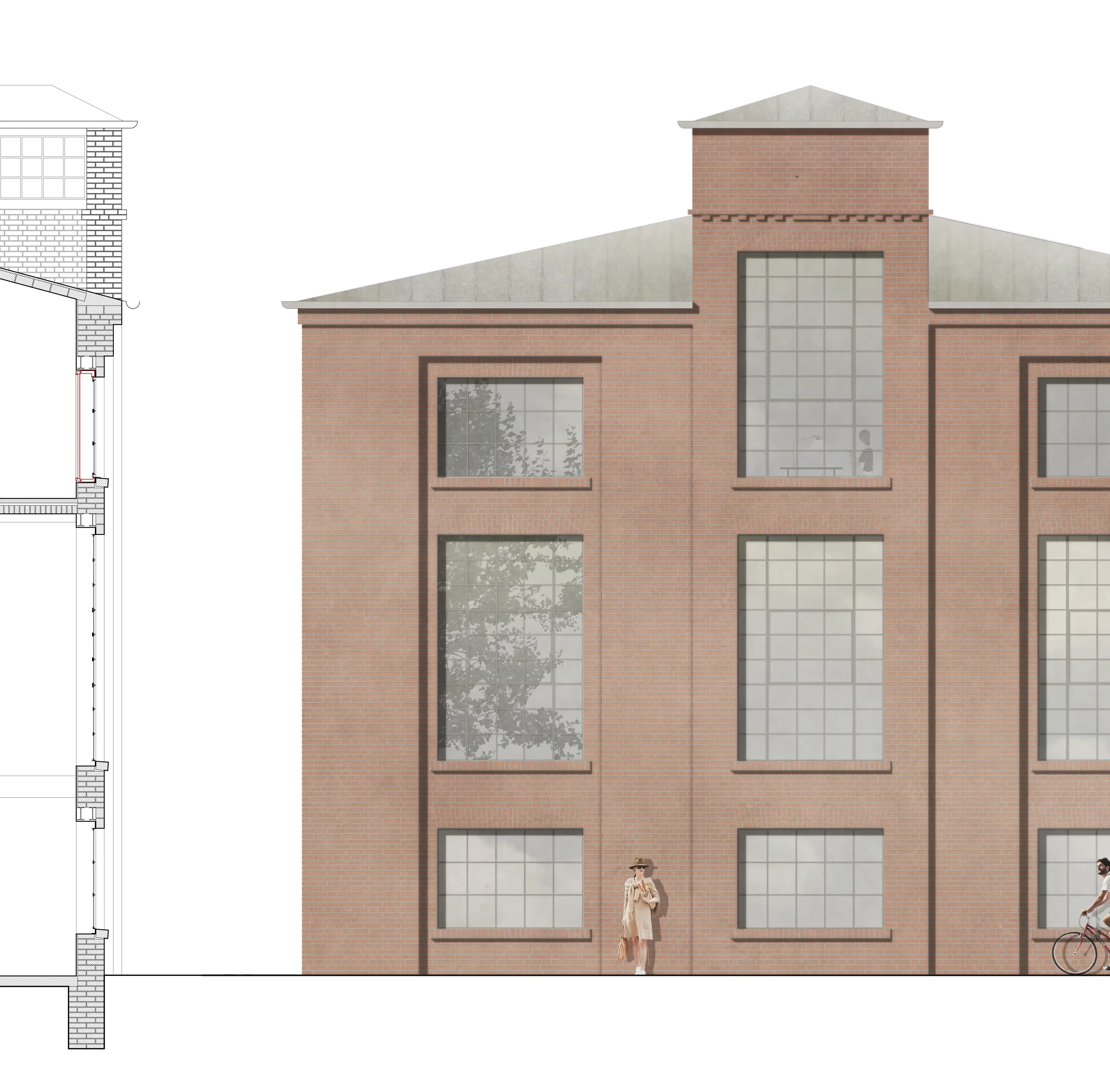 Detaildarstellung, Ansicht und Schnitt, einer der Bestandshallen auf dem Areal der papierfabrik Wolfswinkel in Eberswalde