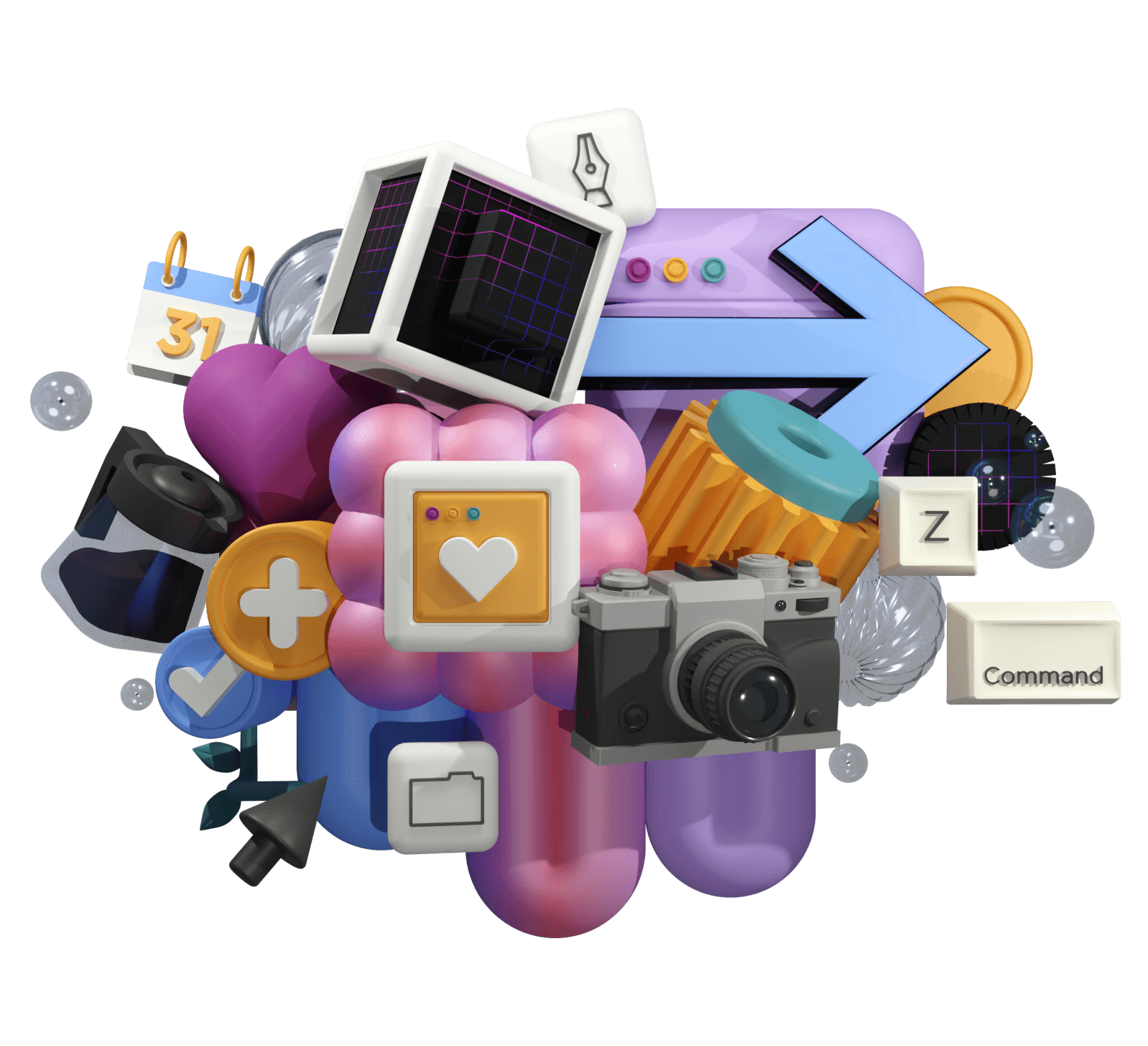 A 3D illustration by Jonathan Holt. The illustration is of brand design elements, such as a pen tool, cursor, camera, common quick keys, and other iconography.