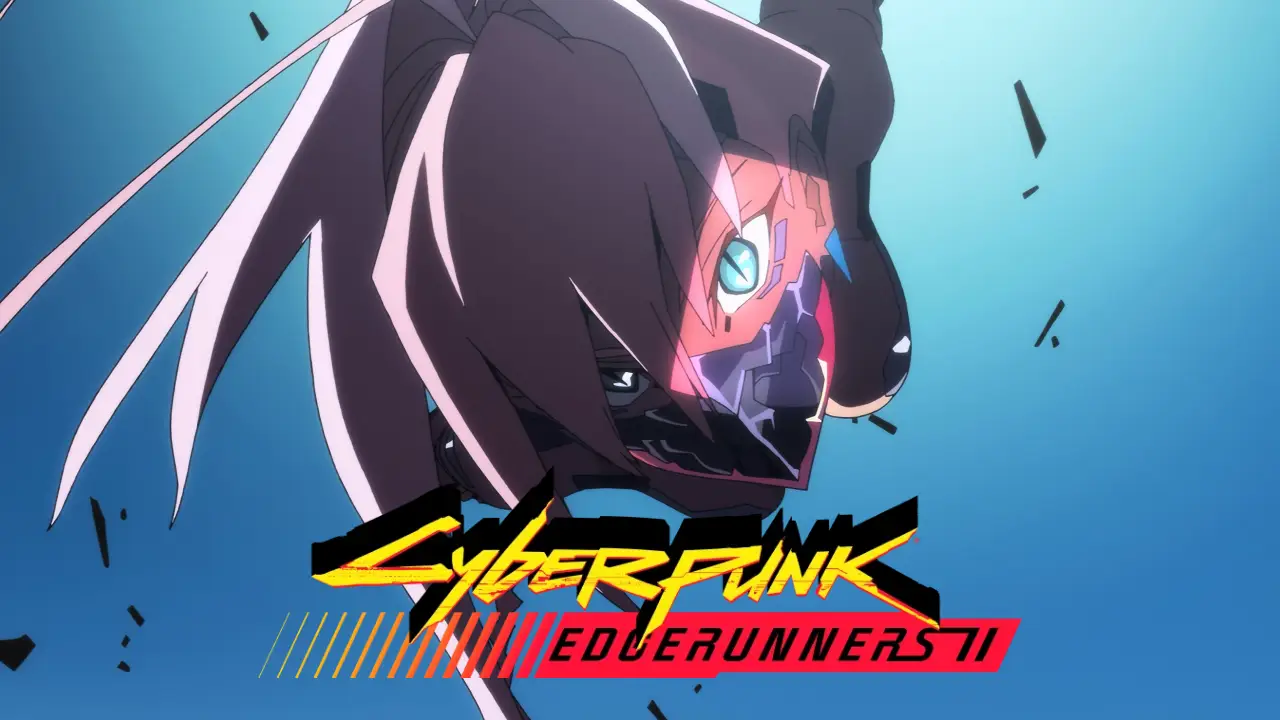 Anime character in futuristic armour soaring against a blue background, with dynamic animation elements, featuring "Cyberpunk Edgerunners" logo prominently displayed.
