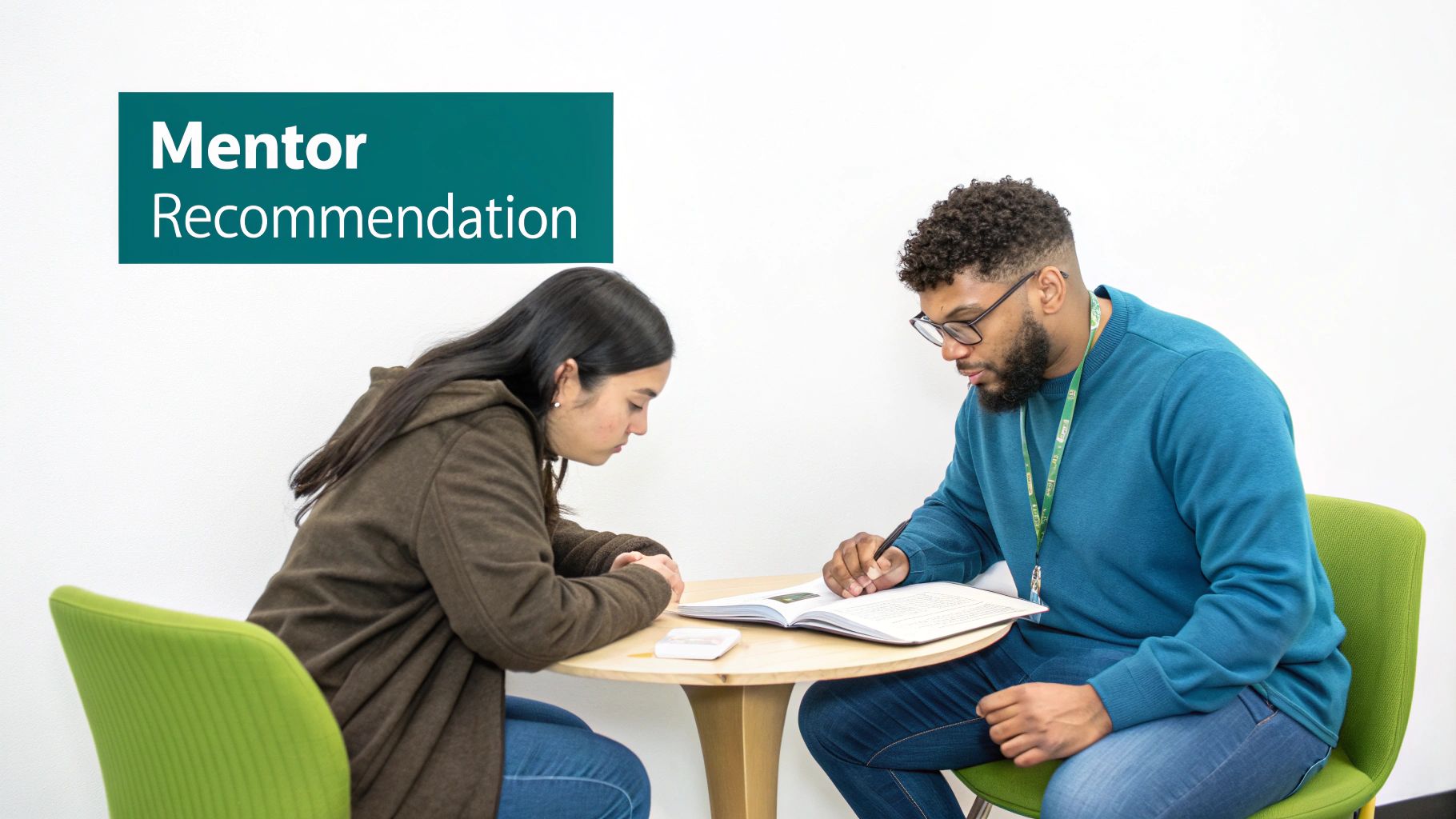 A mentor and mentee sitting at a table, looking at a book together, with text 'Mentor Recommendation' on a green banner.