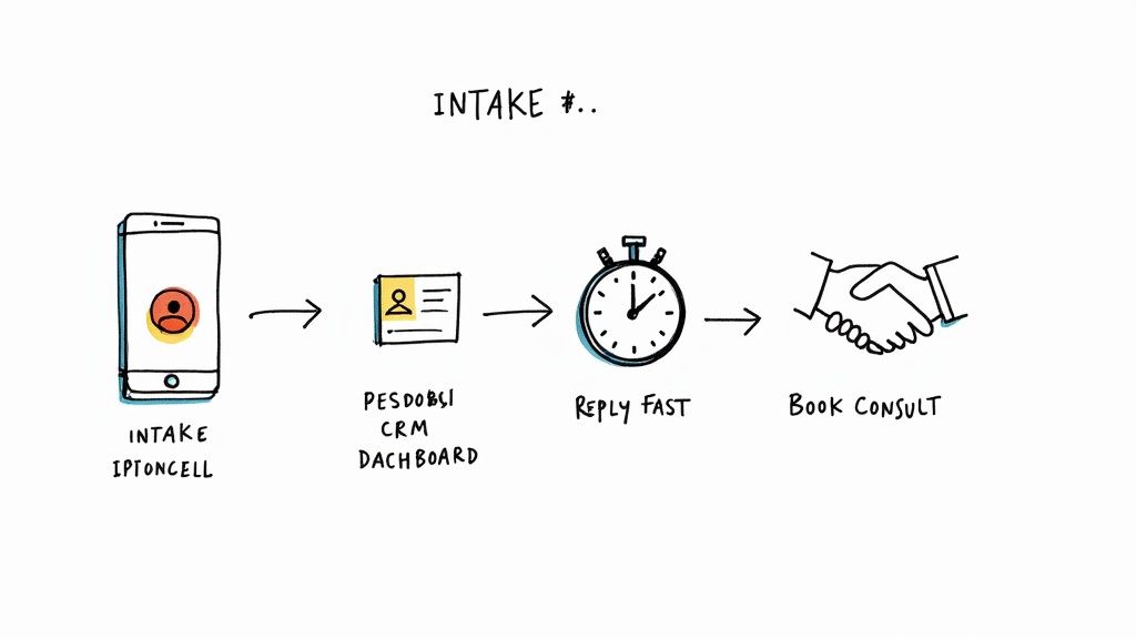 A diagram illustrating a client intake process: mobile intake, CRM dashboard processing, fast reply, and booking a consult.