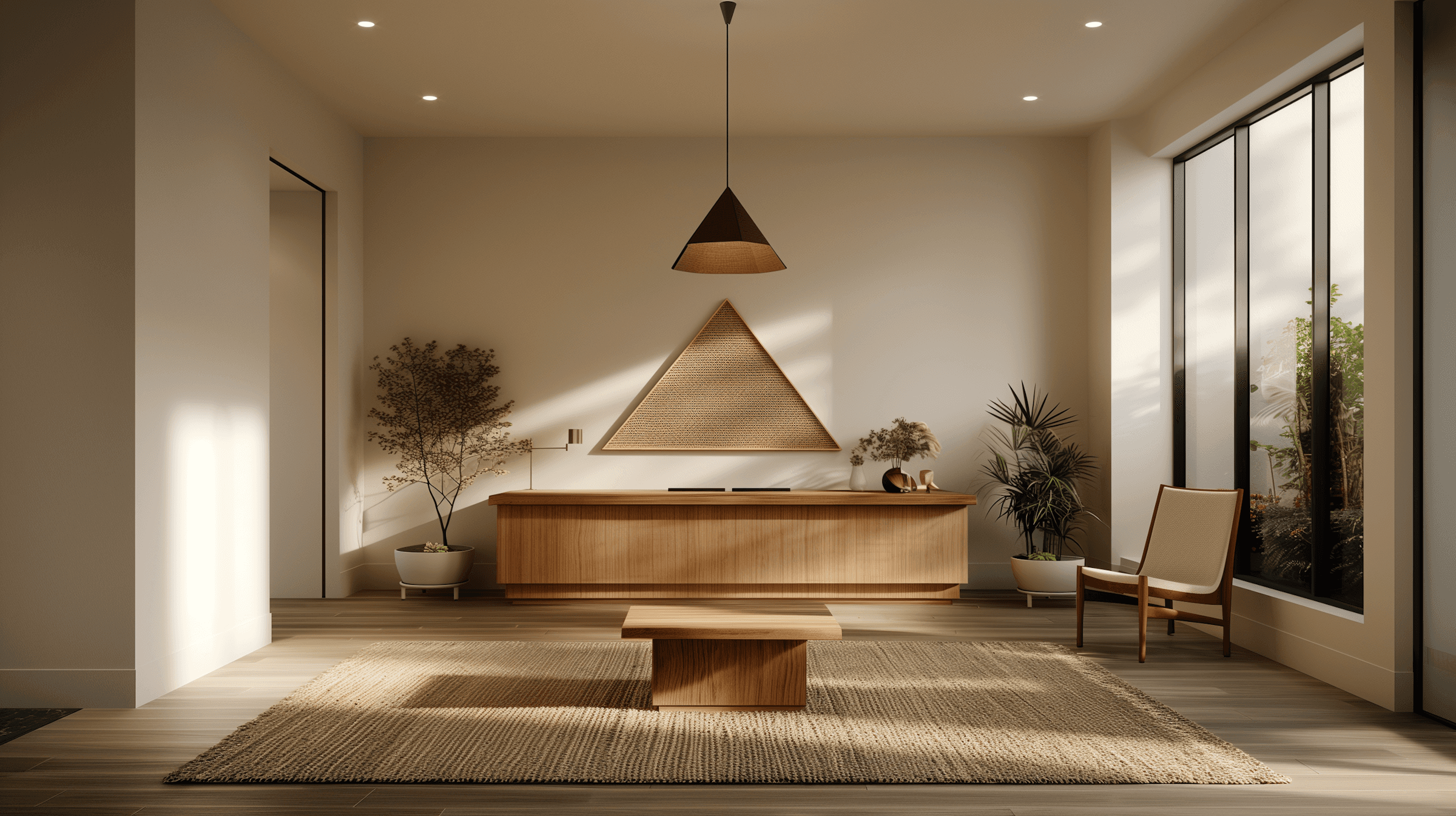 Modern minimalist interior design scene featuring a spacious room with natural light, wooden furniture, potted plants, and geometric wall art.