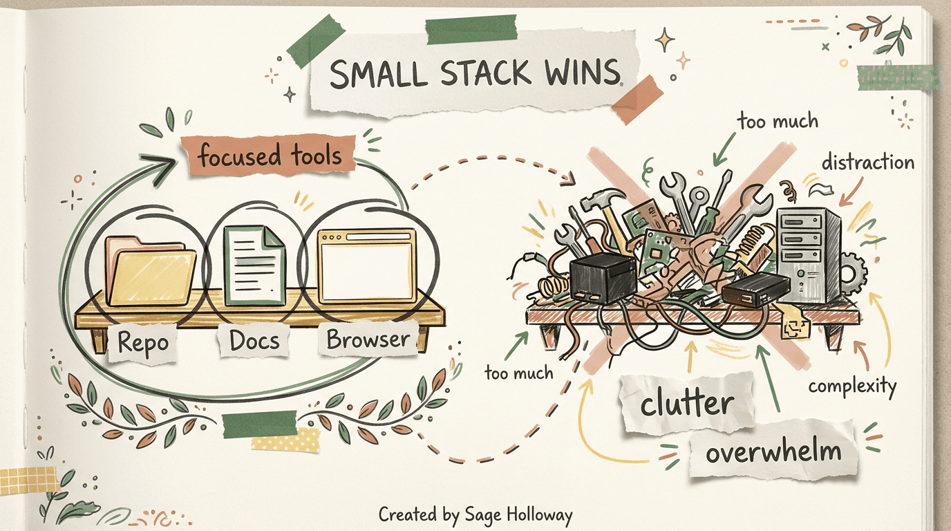 Scrapbook metaphor: a small MCP stack versus a crowded tool shelf
