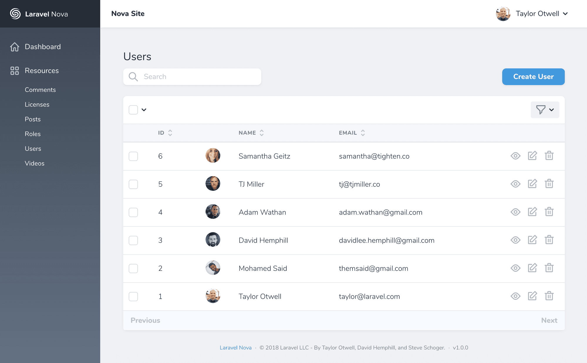The Laravel Nova interface showing list view.