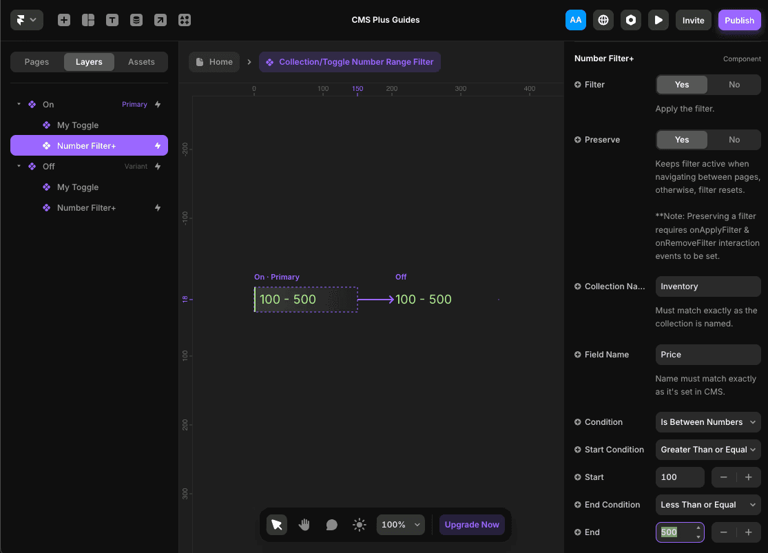 Setting up an existing toggle component with CMS Plus number range filter.