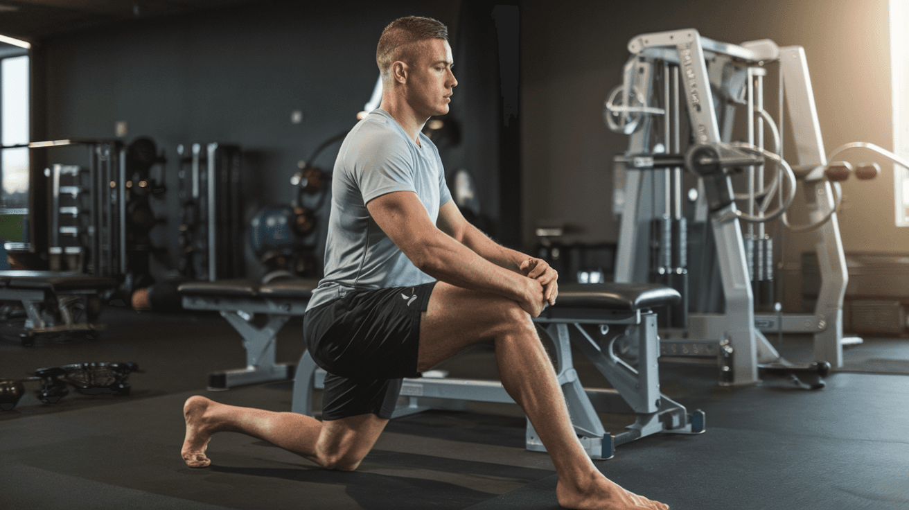 Man performing a deep lunge stretch in a strength training facility, focusing on mobility, joint health, and flexibility—key pillars of performance therapy and rehab.