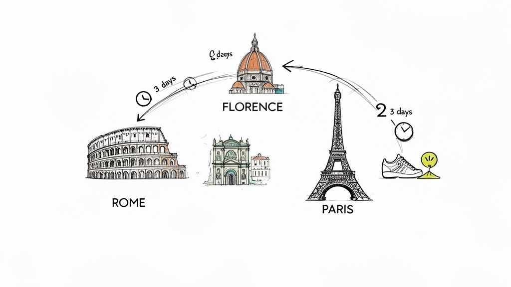 A hand-drawn travel map illustrating a European trip itinerary between Rome, Florence, and Paris with travel times.