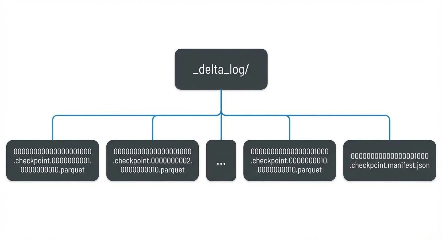 For very large tables, Delta Lake can create multi-part checkpoints split across multiple Parquet files, with a JSON manifest coordinating the parts