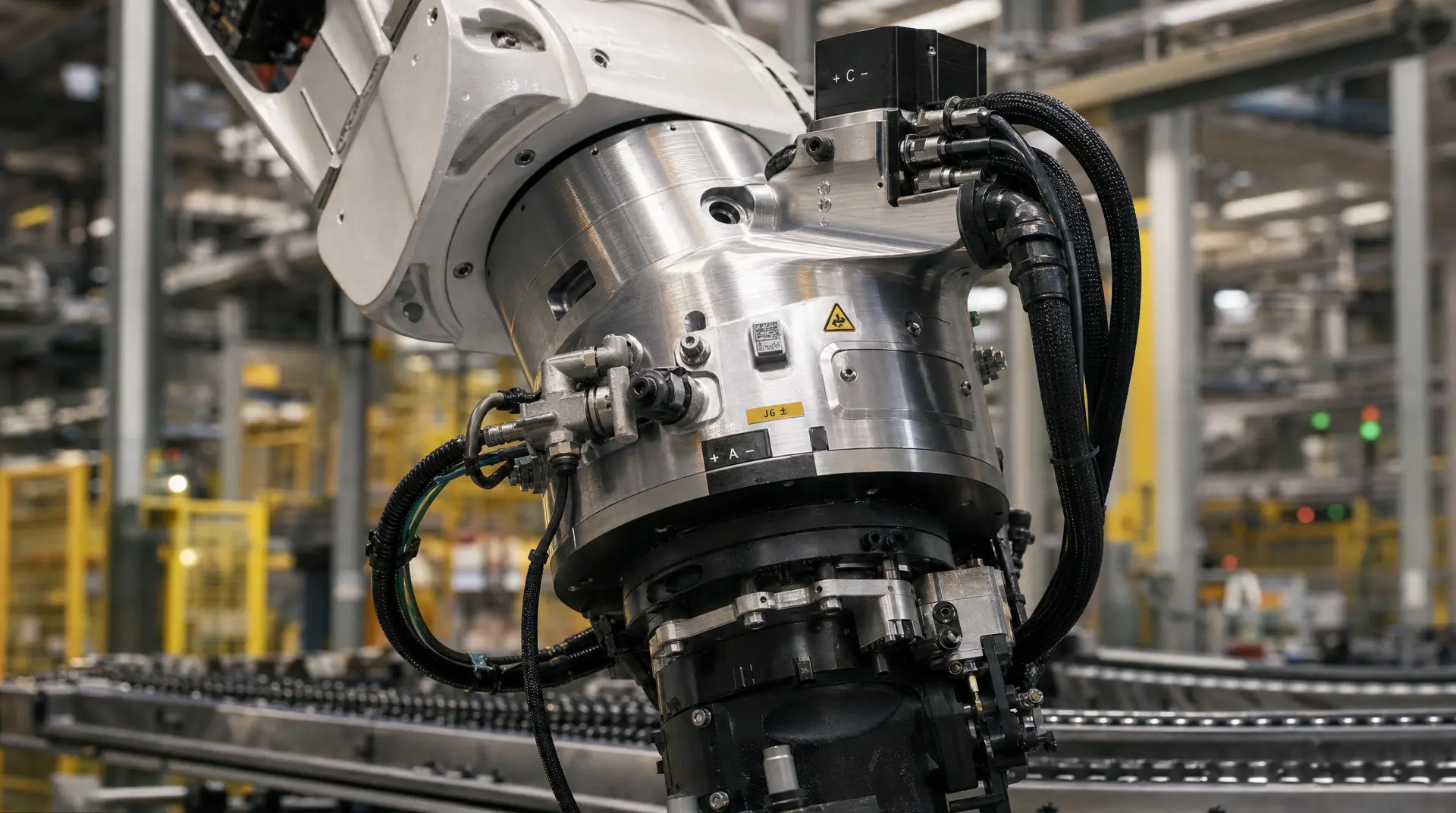Metal robotic arm and sensor hardware mounted in an industrial factory bay, with thick cabling and labeled control panels showing "+ C -", "J6 ±", and "+ A -" near warning markings. Robotics branding