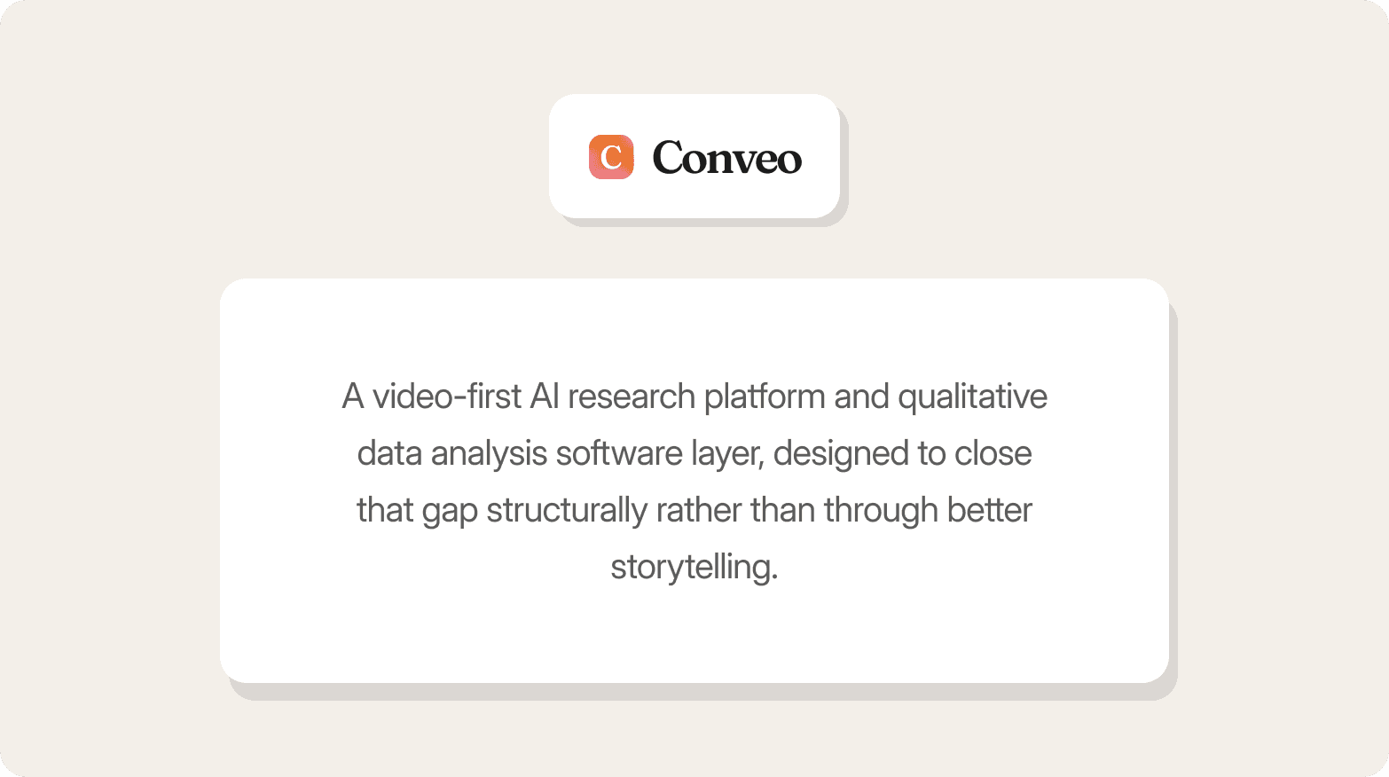 Cream-colored graphic with the Conveo logo above a white card describing Conveo as a video-first AI research platform and qualitative data analysis software layer, designed to close that gap structurally rather than through better storytelling.