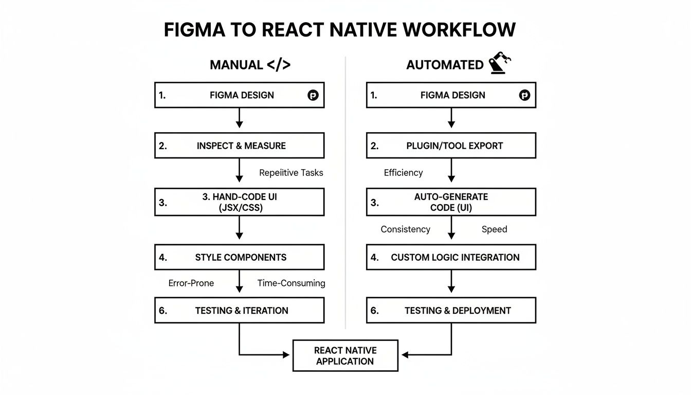 Flowchart comparing manual and automated Figma to React Native workflows, detailing steps and outcomes.