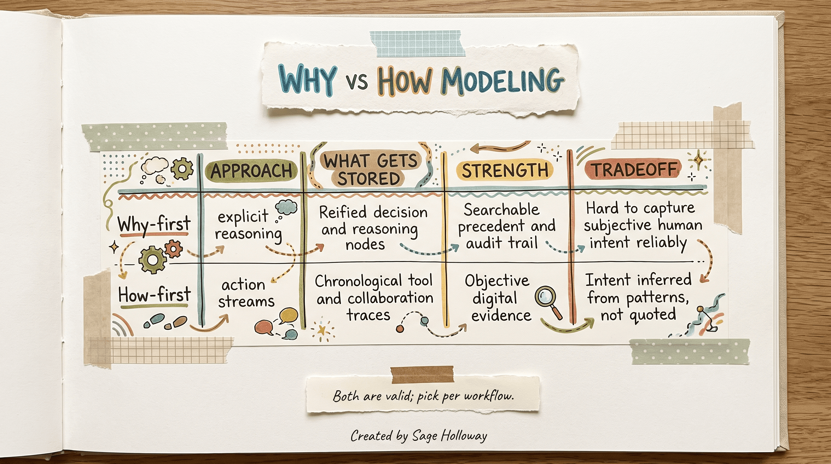 Table comparing why-first and how-first context graph modeling approaches