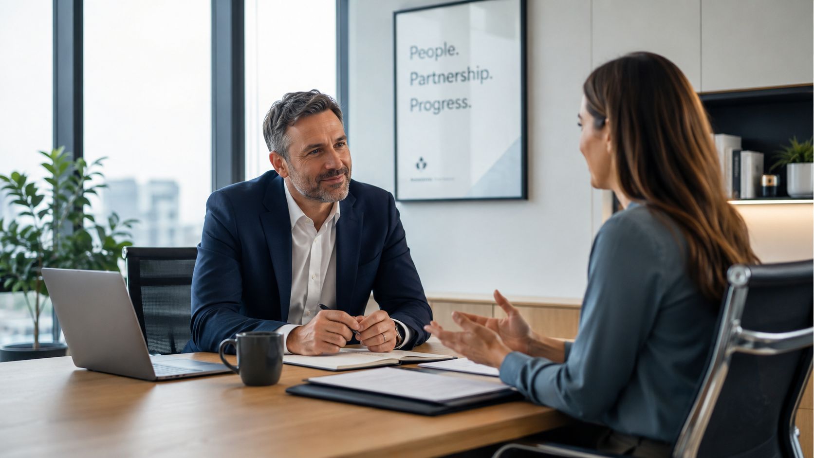 A professional man and woman having a productive business discussion during a formal office meeting.