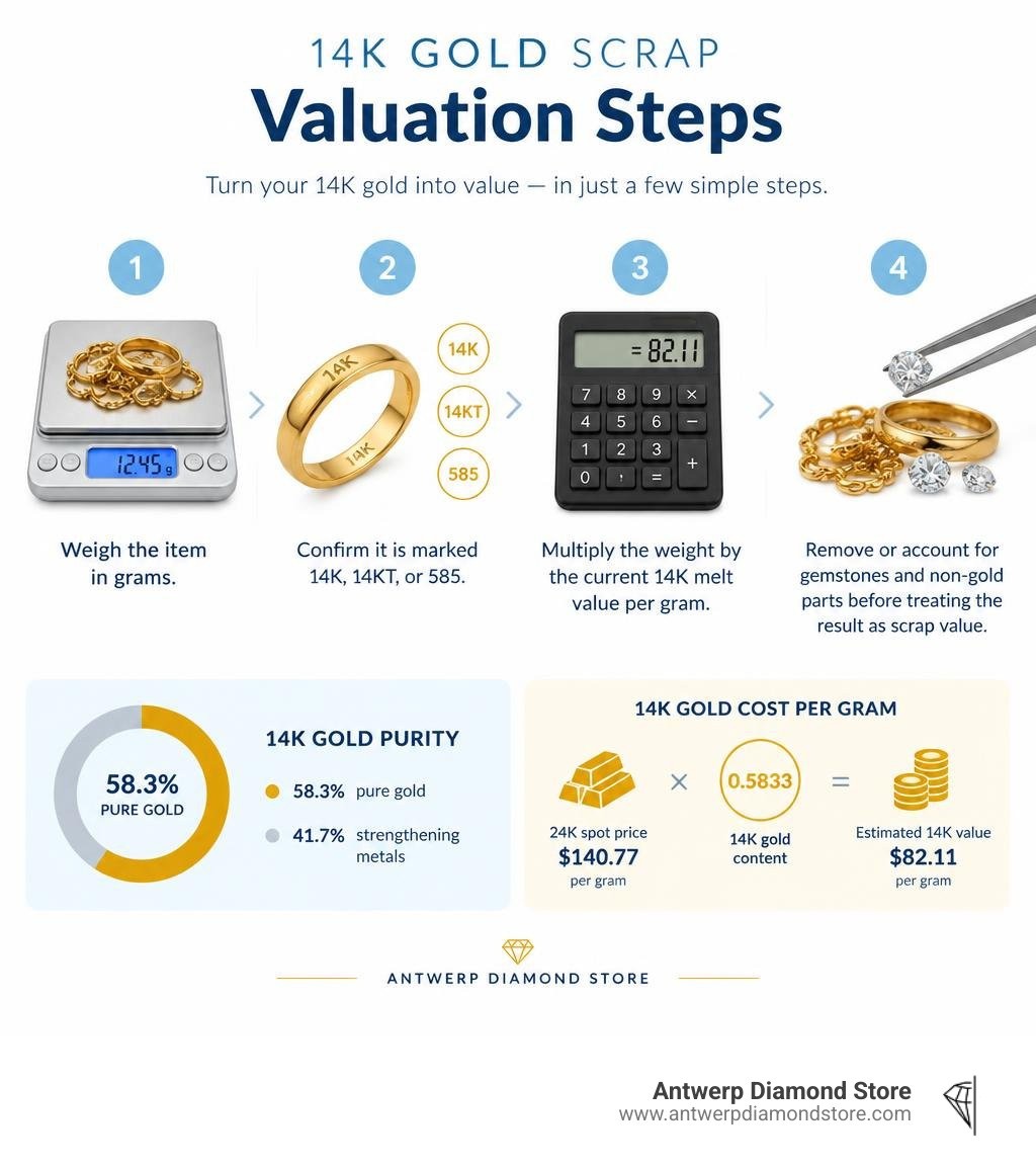 14K gold scrap valuation steps infographic