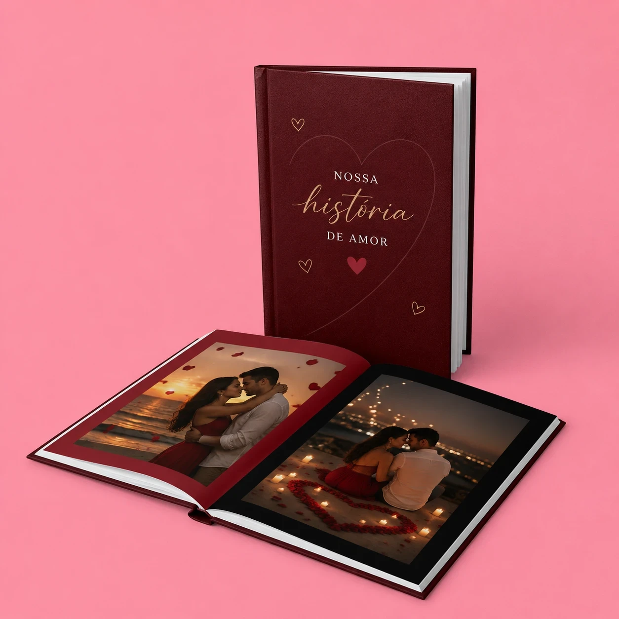 Pessoa segurando fotolivro com foto de mulher sorrindo ao ar livre, com a frase “Eu amo o Norte” escrita no canto da imagem