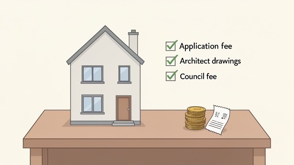 An illustration of a house on a table with a checklist for application, architect, and council fees, plus coins and a receipt.