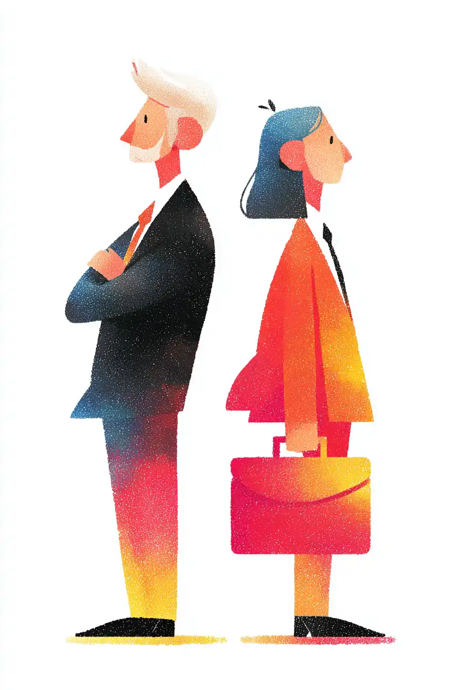 Textured editorial illustration of two professionals standing back to back — a silver-haired man in a dark suit with arms crossed and a woman in warm orange holding a briefcase — conveying disconnect and missed opportunity.
