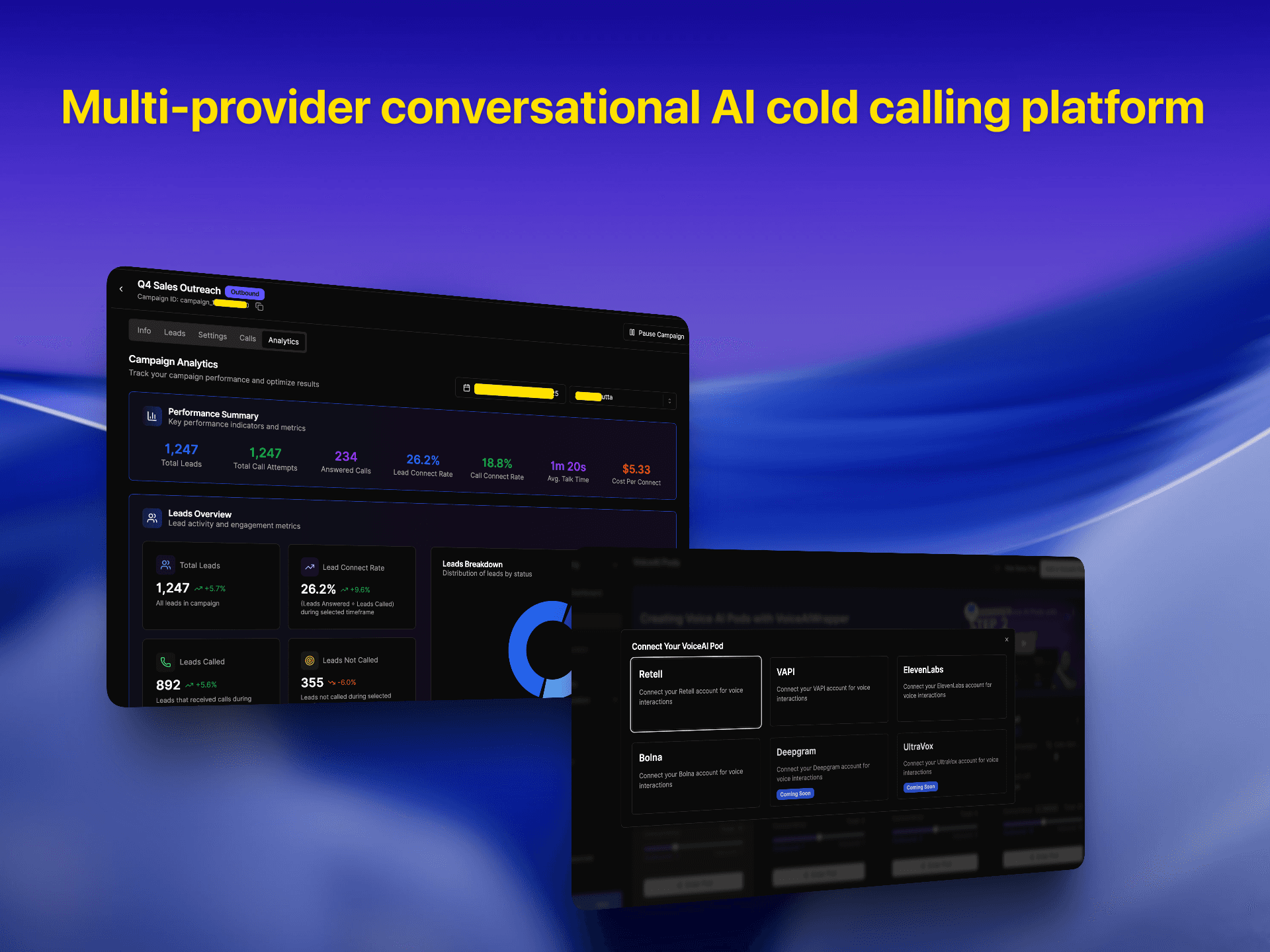 Multi-provider AI cold calling platform showing campaign analytics, lead tracking metrics, and voice provider integration options | VoiceAIWrapper
