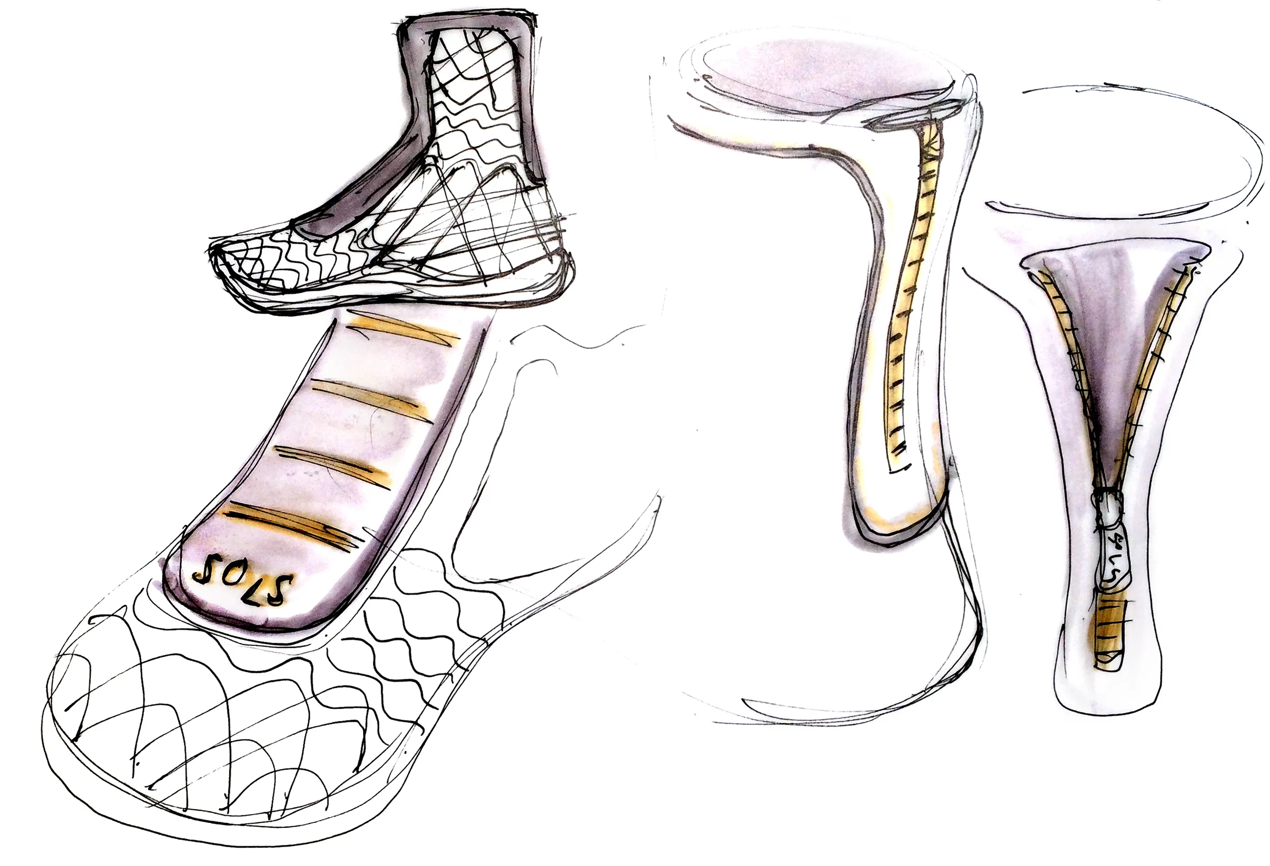 Early SOLS ADAPTIV footwear sketches exploring the sole, upper, and internal structure
