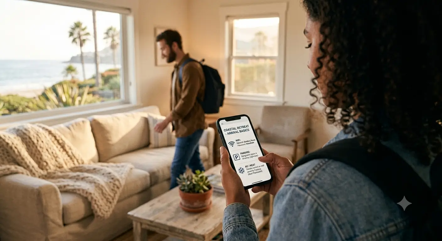 A vacation rental guest viewing a digital guidebook on a phone, open to wifi and check-in details.
