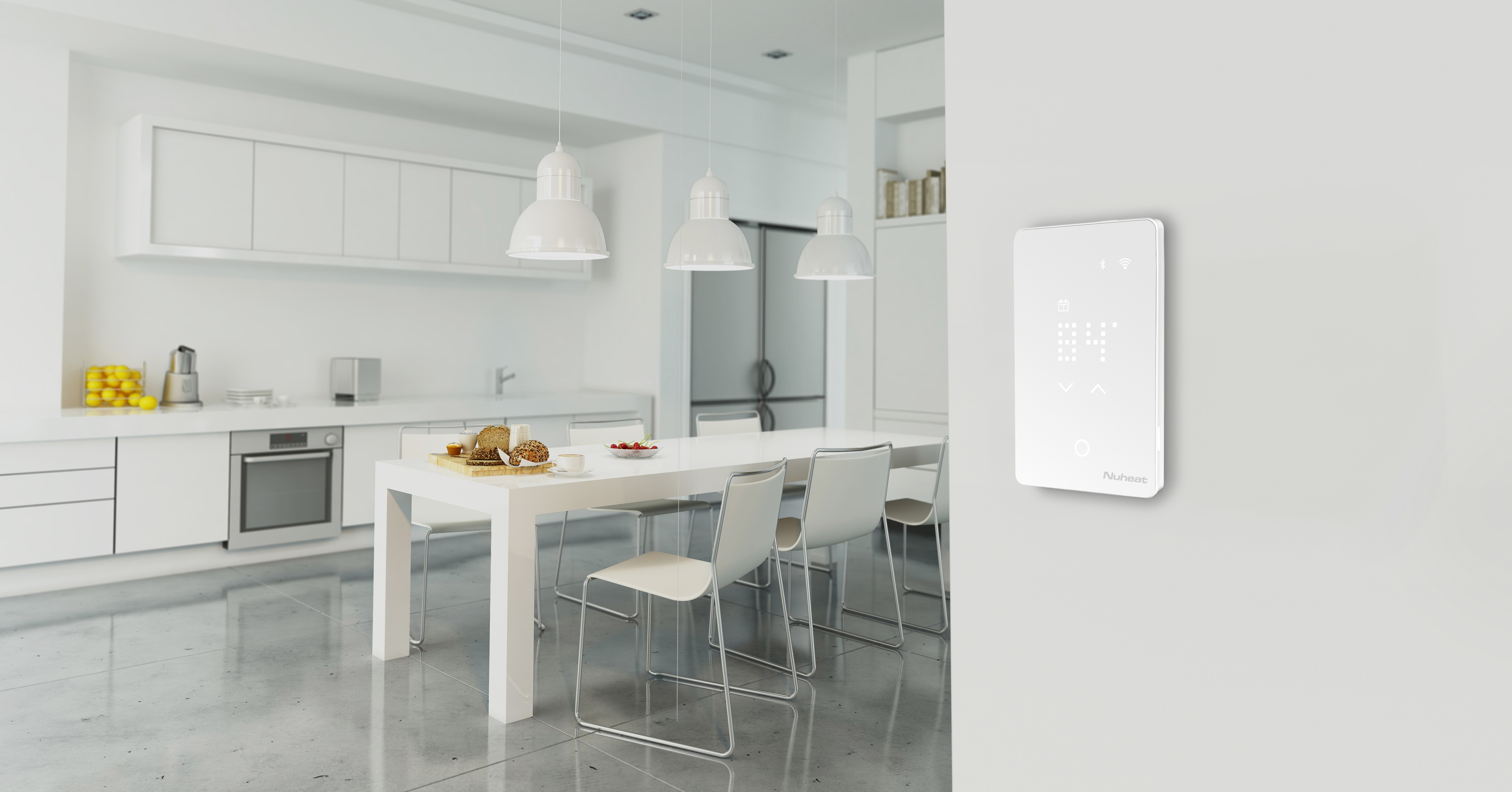 Nuheat programmable thermostat and electric floor heating system installed in modern residential kitchen in British Columbia