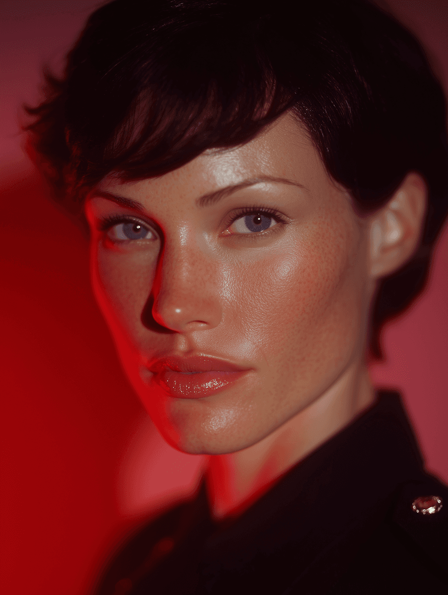 A woman with short dark hair is portrayed against a red backdrop. Her expression is intense, illuminated softly, highlighting her smooth skin and blue eyes.