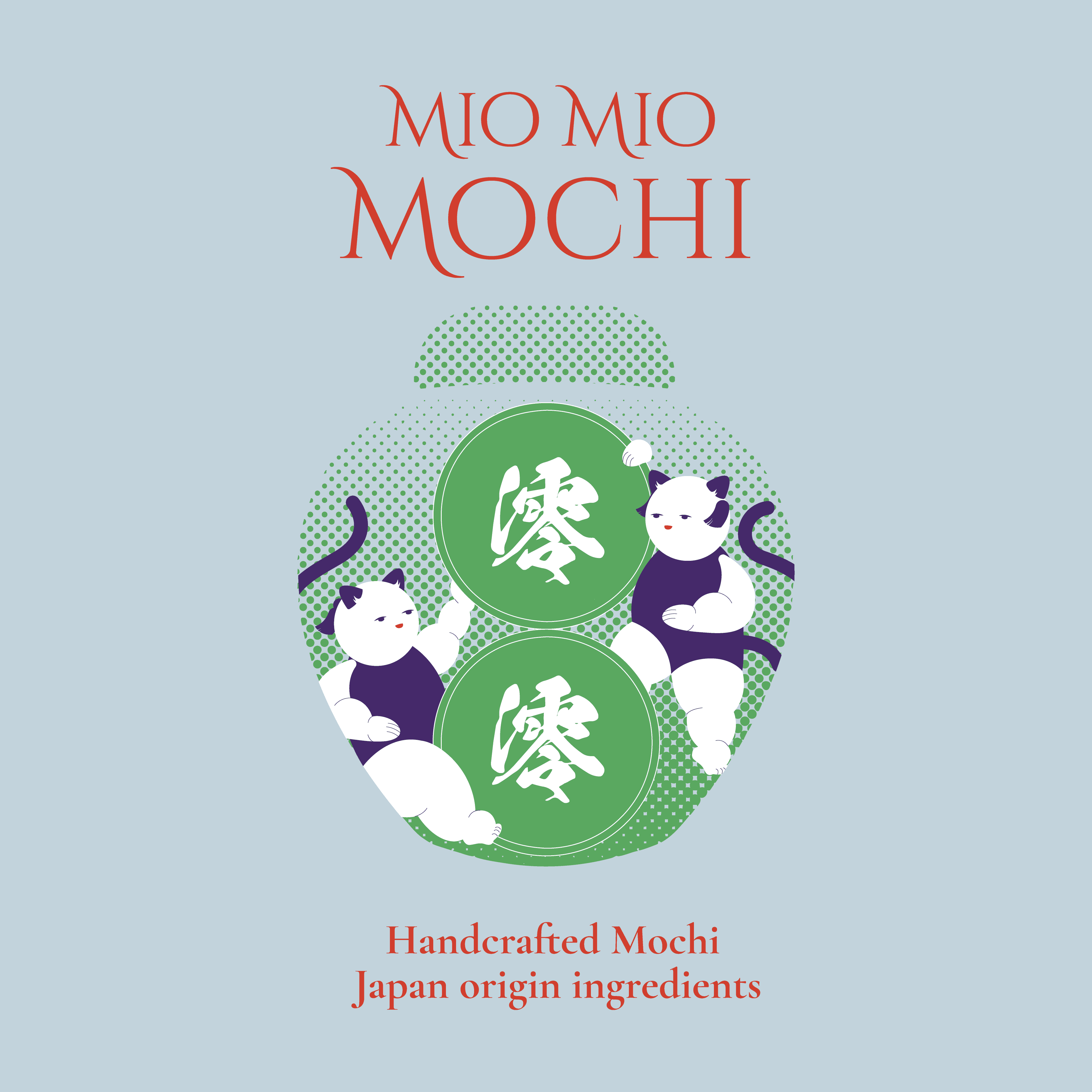 Mio Mio Mochi pastel blue brand illustration with character design.