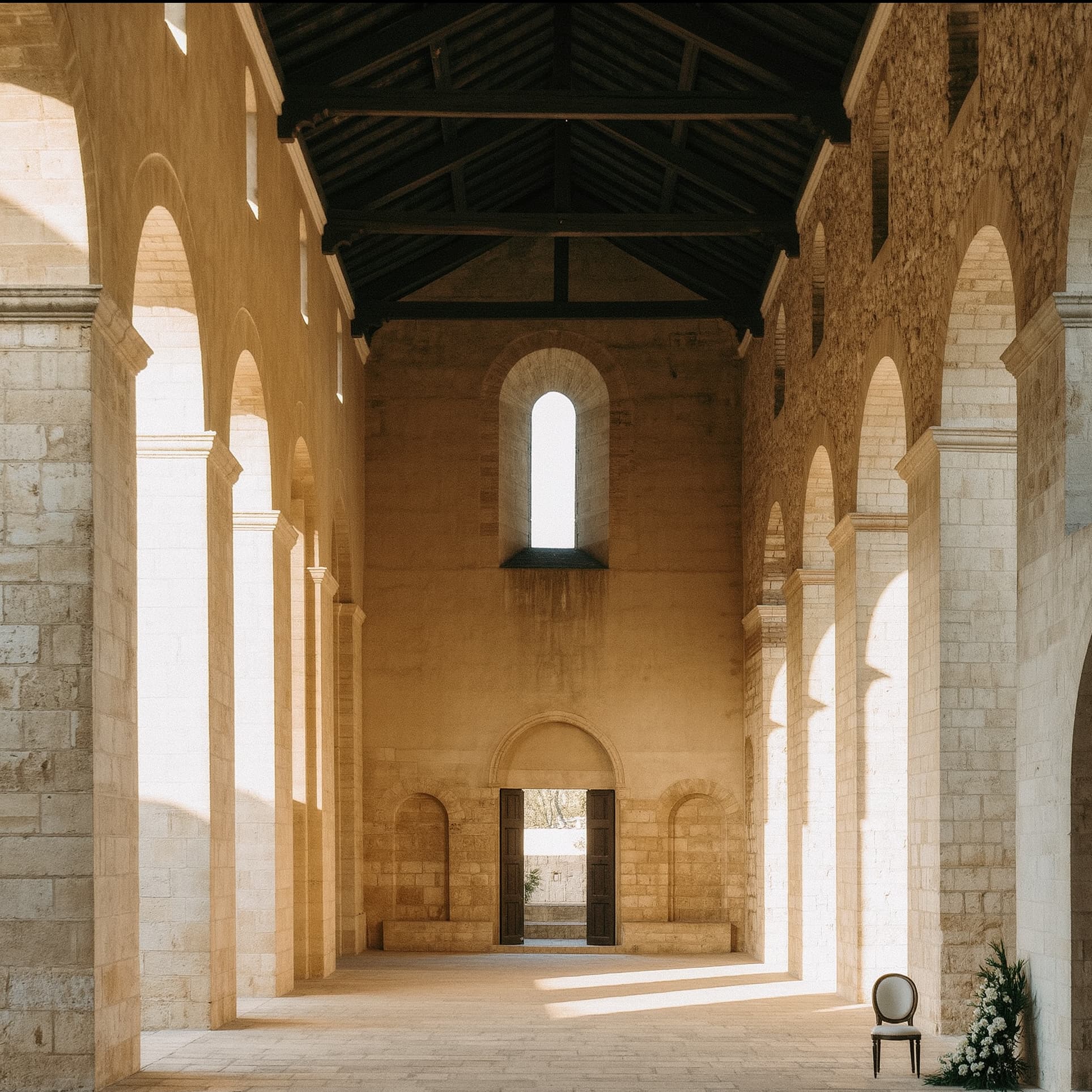 Interior of ancient stone church with arched ceiling and warm golden light – wedding venue